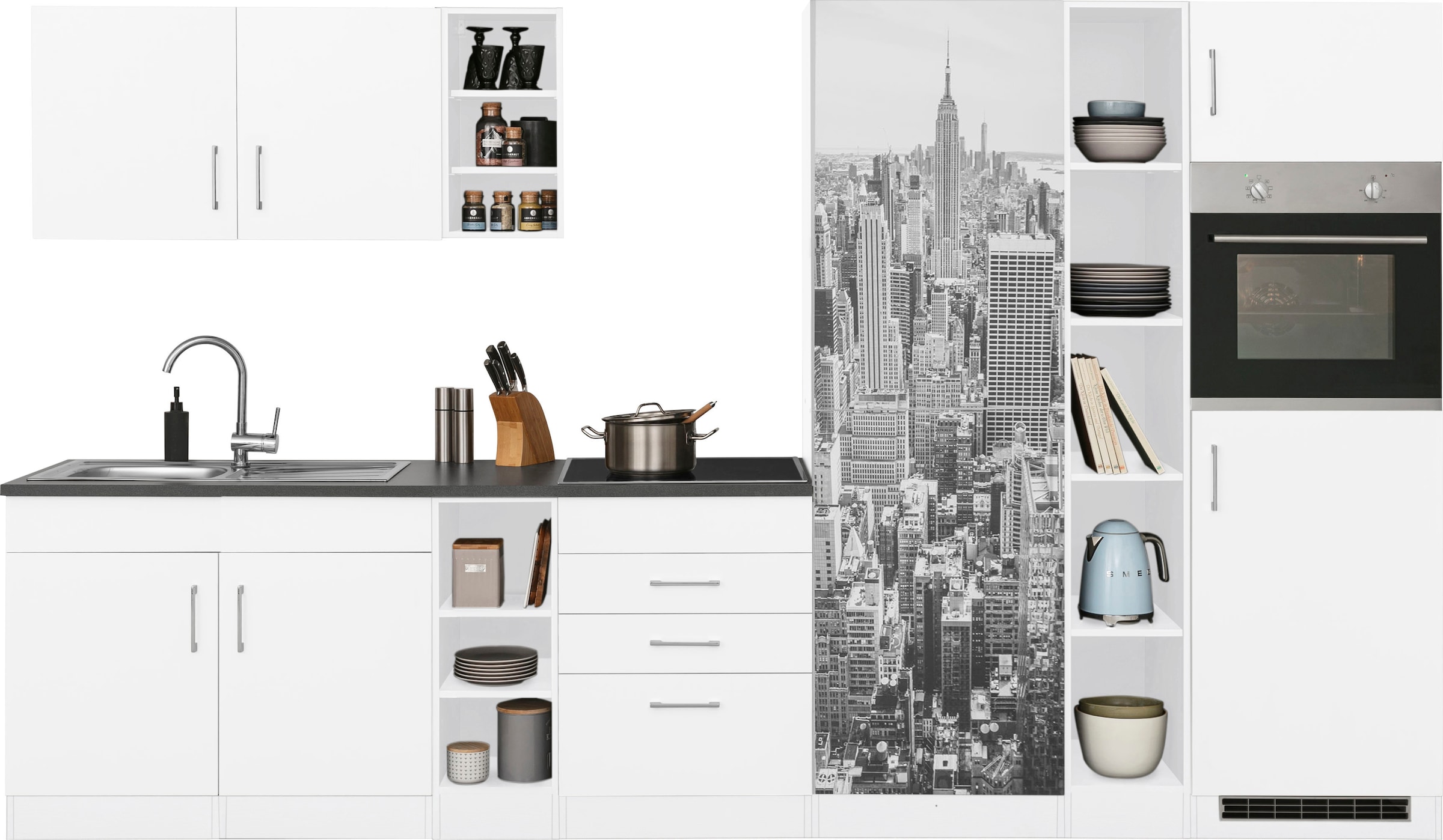 KOCHSTATION Küchenzeile »KS-Paris – Küchen mit einzigartigen Fotomotiven auf den Fronten« Breite 340 cm, wahlweise mit E-Geräten und Induktion