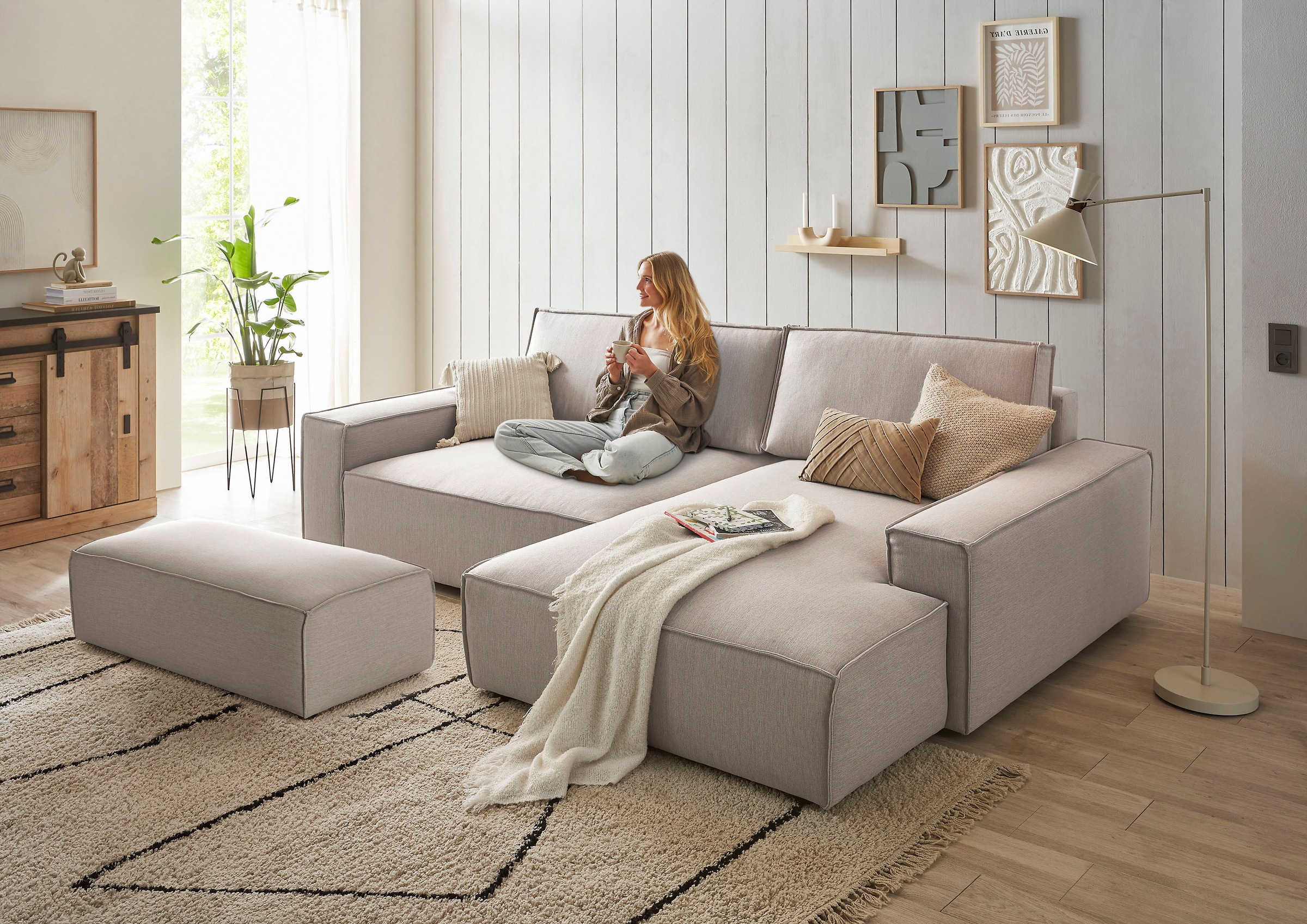 Home affaire Polsterecke »NEU: SHERWOOD XXL tief, L-Form mit Schlaffunktion, Big-Sofa mit Hocker«, (Set, 2 St.), stellbar zum Schlafsofa (Krokodilverbinder), Cord, Leinenoptik