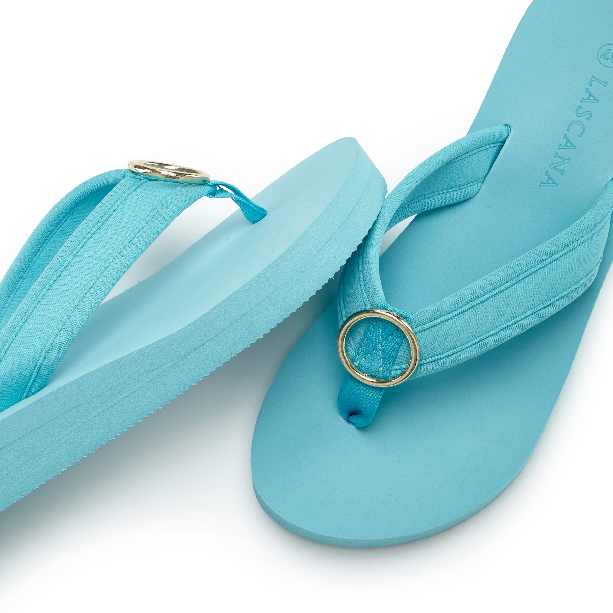 LASCANA Badezehentrenner »Sandale, Badeschuh, Pantolette, Badelatsche, Flip Flop, Sommerschuh,«  Zehentrenner mit Ringapplikation "Italy" VEGAN
