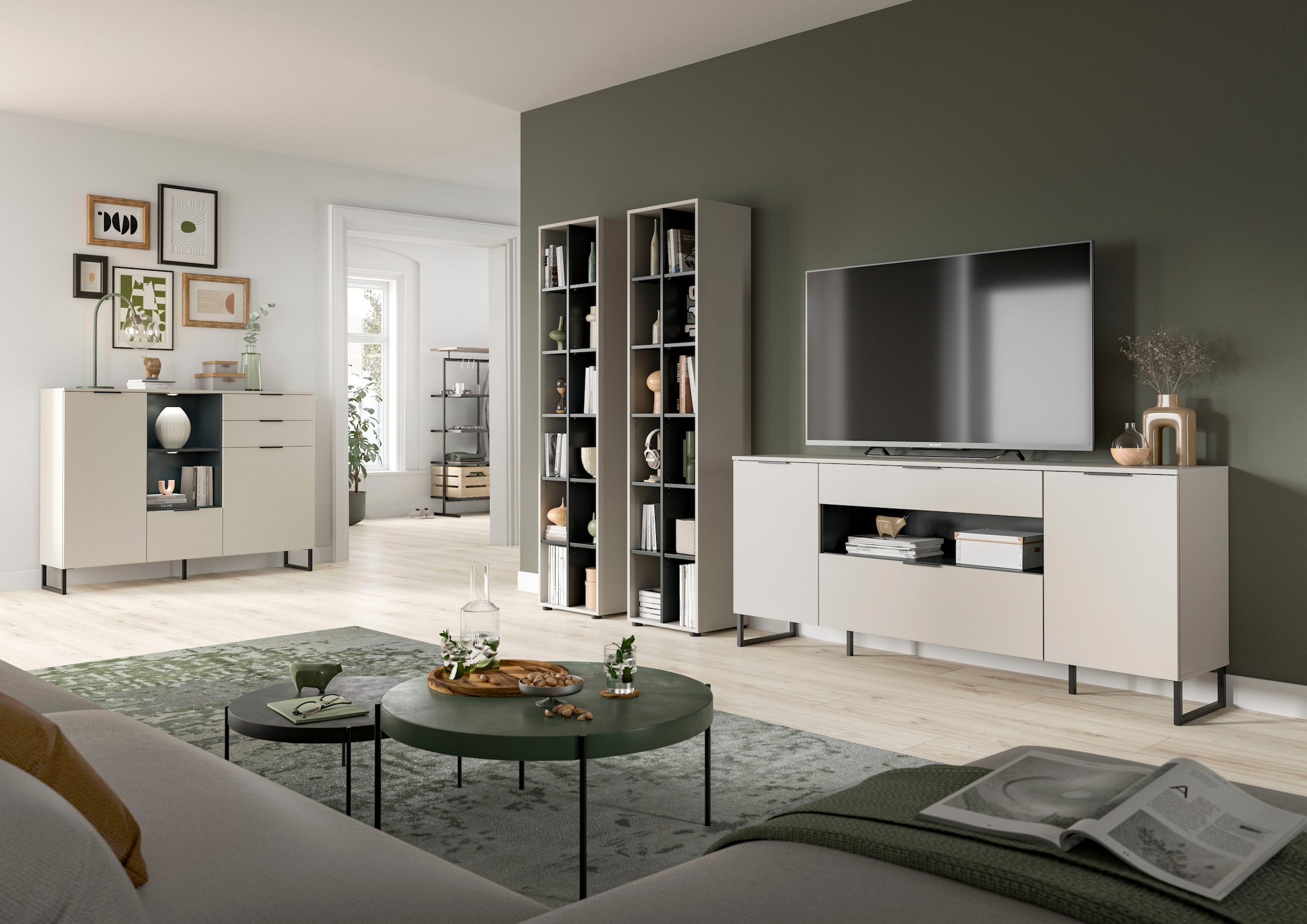 Home affaire Wohnwand »ADIO, Breite 305 cm, 3-teiliges Set, mit Metall-Kufenfüße« Set, bestehend aus: 2x Standregal und Sideboard, 3 Stk. tlg.