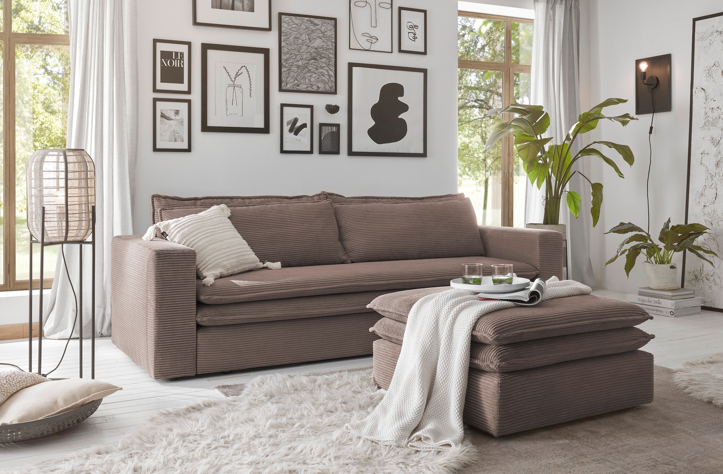 Places of Style Sitzgruppe »PIAGGE«, (2 tlg.), 3-Sitzer-Sofa mit Bettfunktion und Loveseat-Hocker im Set