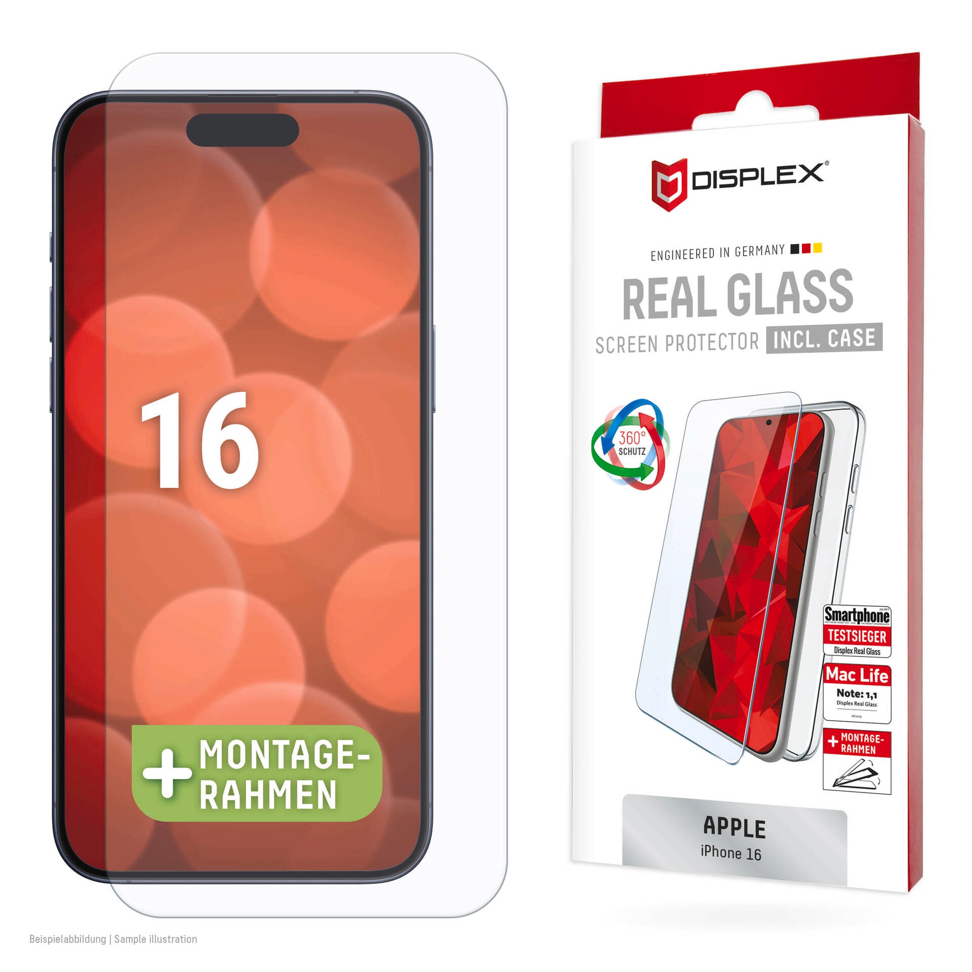 Displex Displayschutzglas »Real Glass Screen Protection + Case«, für Apple iPhone 16, Displayschutzfolie, Schutzfolie, Bildschirmschutz, kratz- & stoßfest