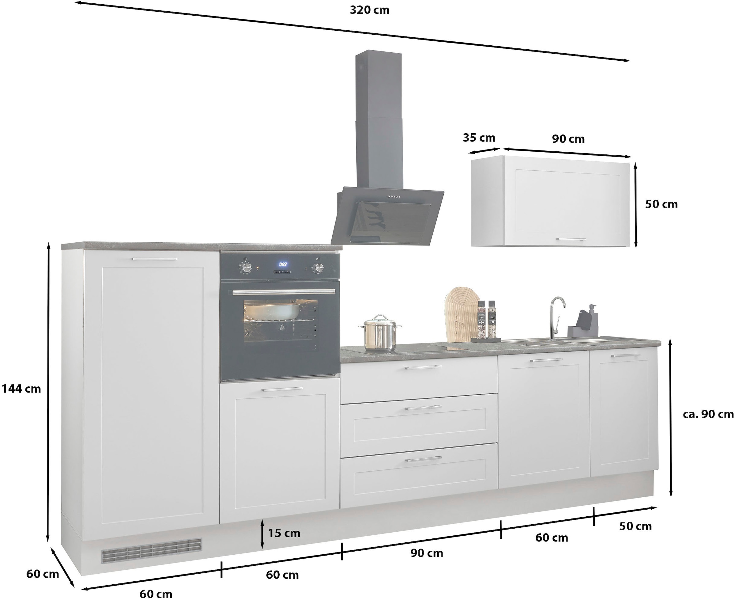 BASIC by Balculina Küchenzeile »Marsi« Breite 320 cm, höhenverstellbare Füße, mit Soft-Close-Funktion