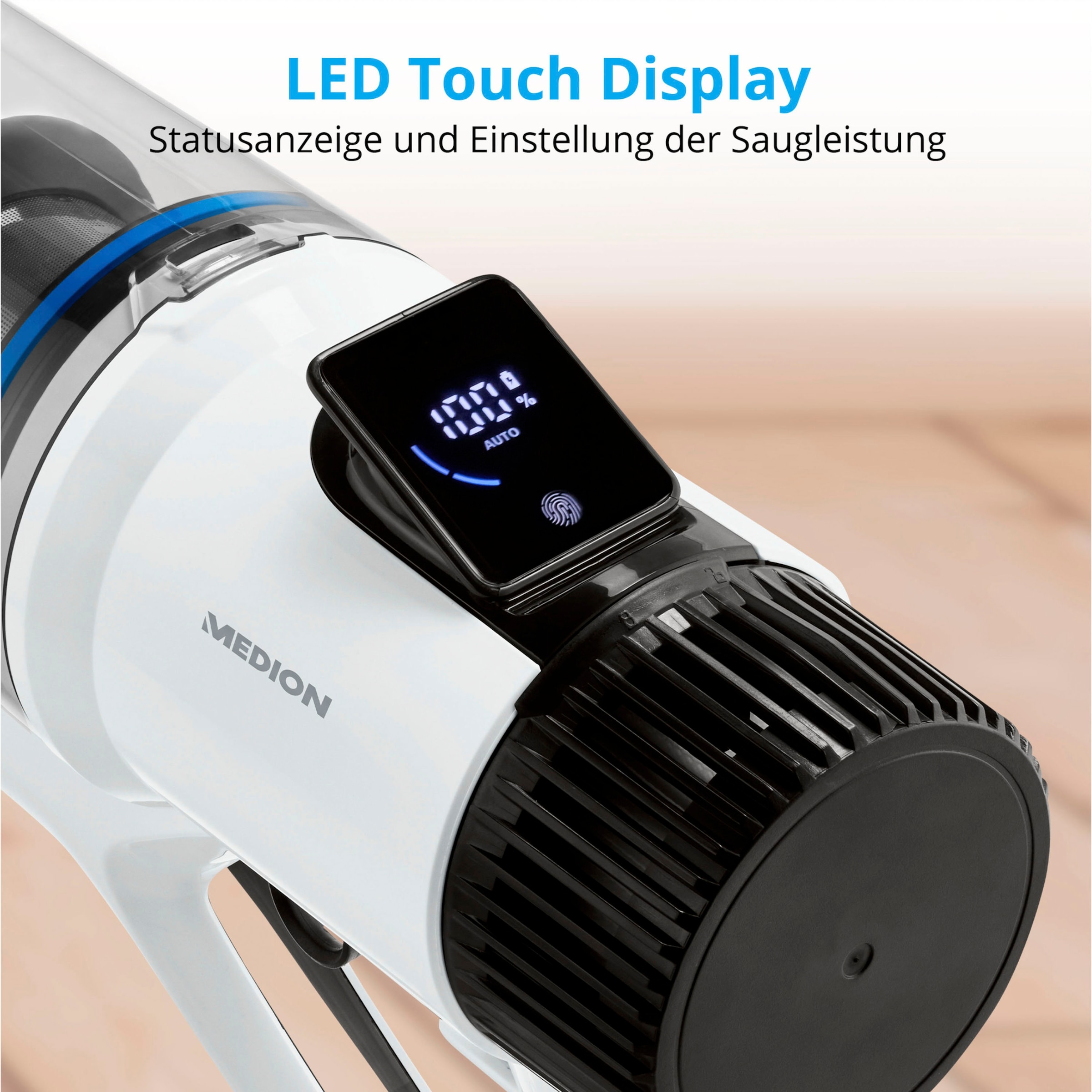 Medion® Akku-Stielstaubsauger »P350 W (MD 12049), beutellose Zyklon-Technologie, 24 kPa Saugleistung«, HEPA 13 Filter, LED-Touch-Display, Staubsensor, integriertes Zubehör