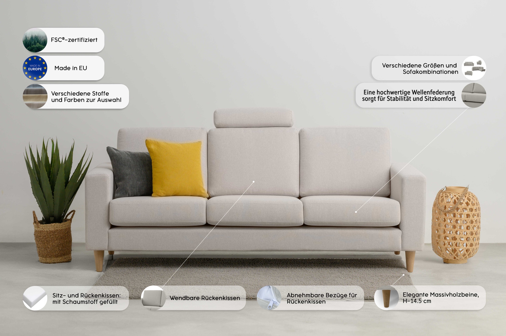 OTTO home 3-Sitzer »Tvinno« im skandinavischen Stil, mit Massivholzfüßen, Breite 217 cm