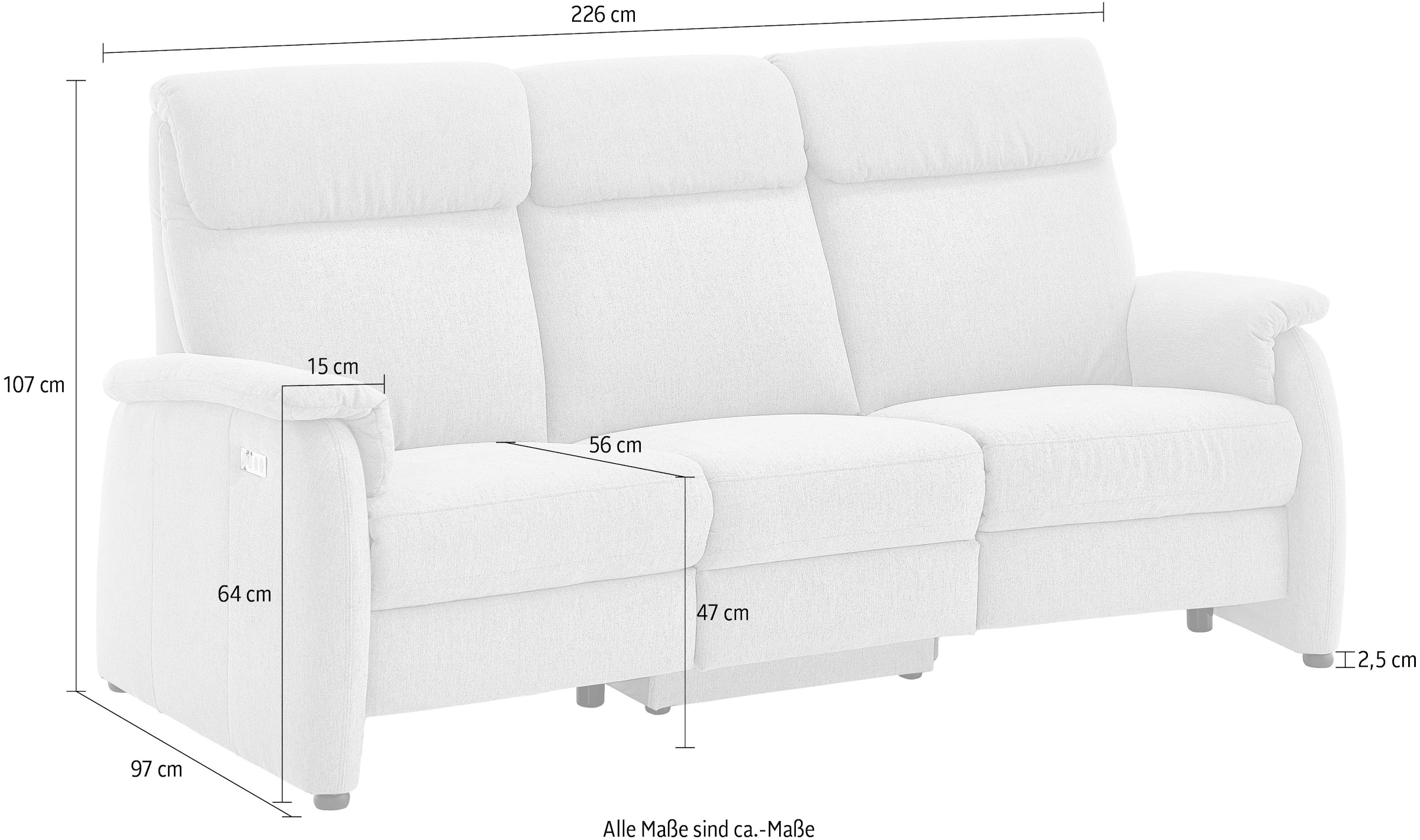 Home affaire 3-Sitzer »Turin Sofa mit elektrischer Relaxfunktion, Breite 226 cm« inkl. Tisch, USB & Steckdose, Federkern & pflegeleichtem Bezug