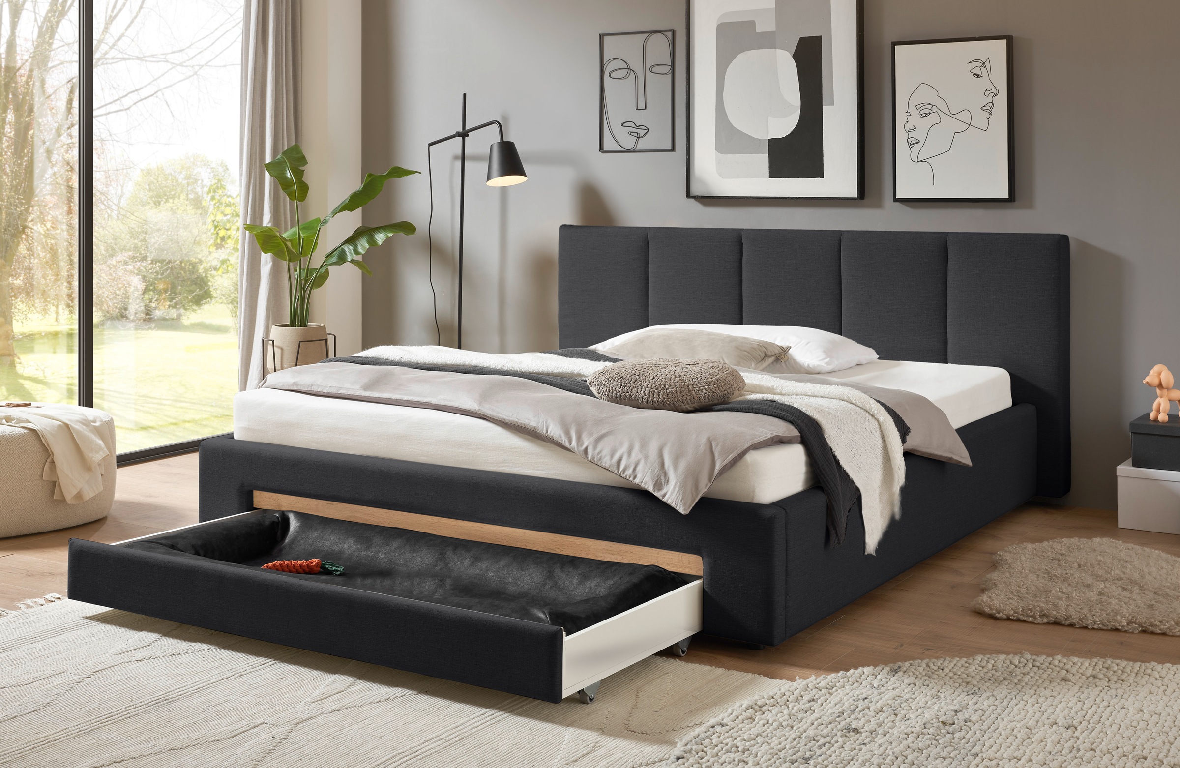 INOSIGN Polsterbett »CiTY/GiRON, Bettgestell mit Bettkasten, gepolstertes Stauraumbett«, mit Hundebett oder Stauraumschublade, Bezug Cord-oder Leinenoptik