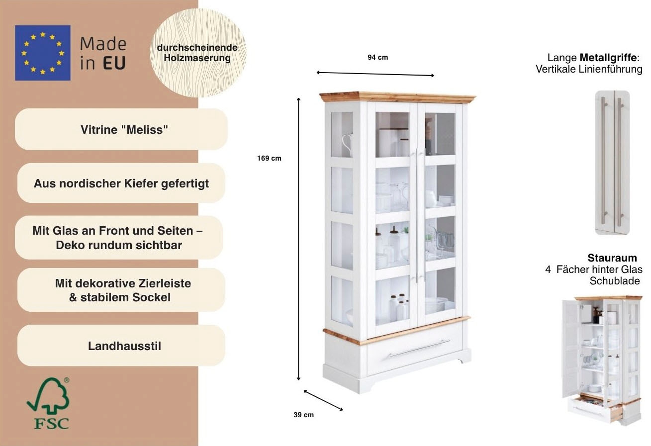 OTTO home Vitrine »Meliss« Höhe 169 cm, Breite 94 cm, 2-türig, Kiefer massiv, FSC®