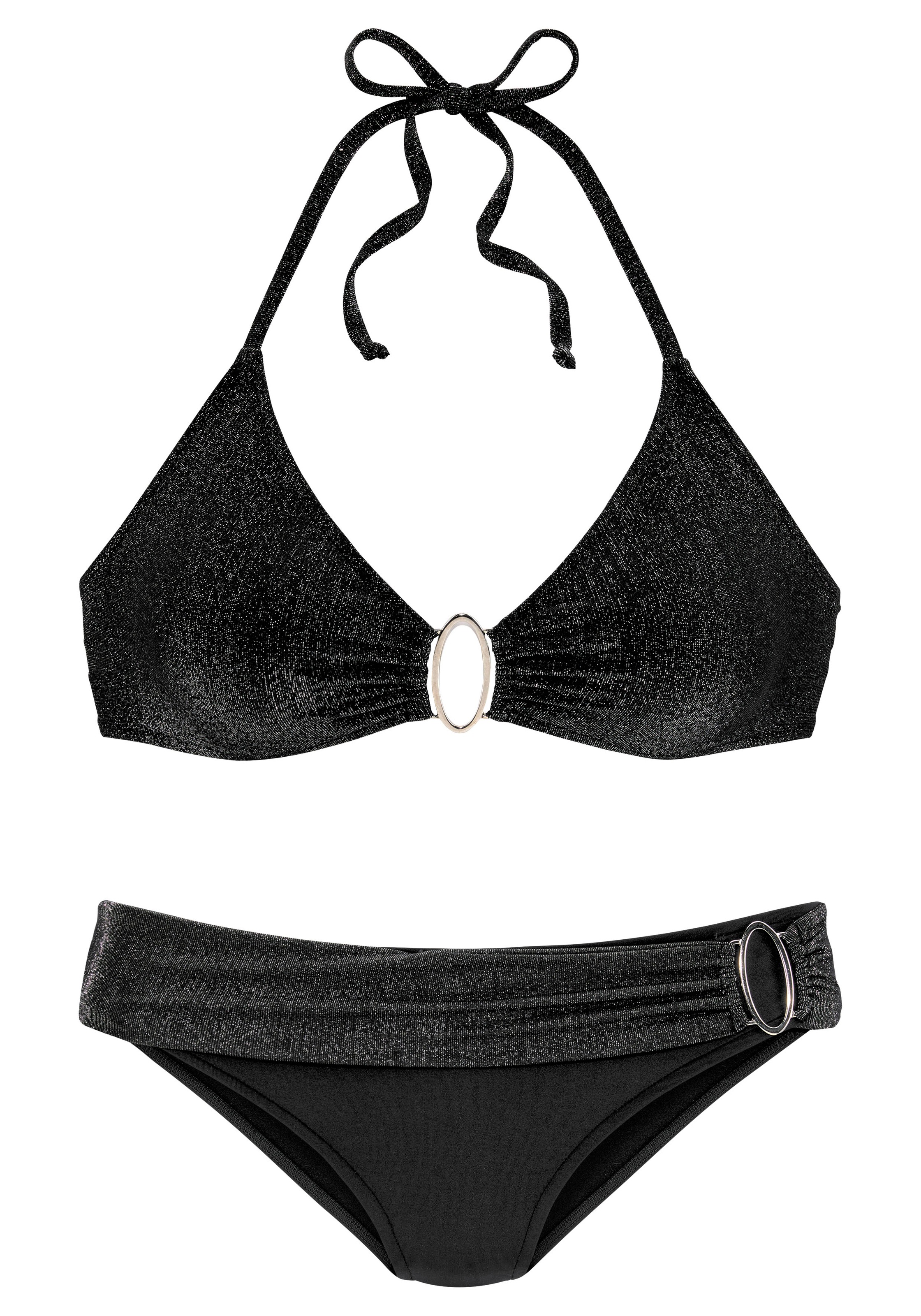 JETTE, Damen, Triangel-Bikini mit edlen Zierringen, schwarz, Cup A/B, 34 - Cup A/B, schwarz, Glitzerndes Top