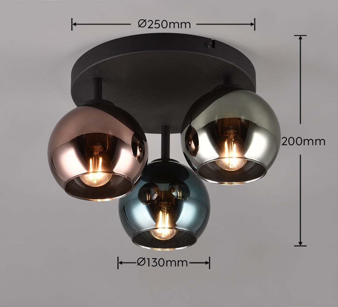REALITY Leuchten Deckenleuchte »SHELDON, Deckenlampe 3-flammig exkl 3x E14 max 10W Glasschirme bunt«, 3 flammig, Leuchtmittel E14 | Leuchtmittel wechselbar, Ø gesamt 33cm, Deckenleuchte blau grün + kupfer Glas verspiegelt