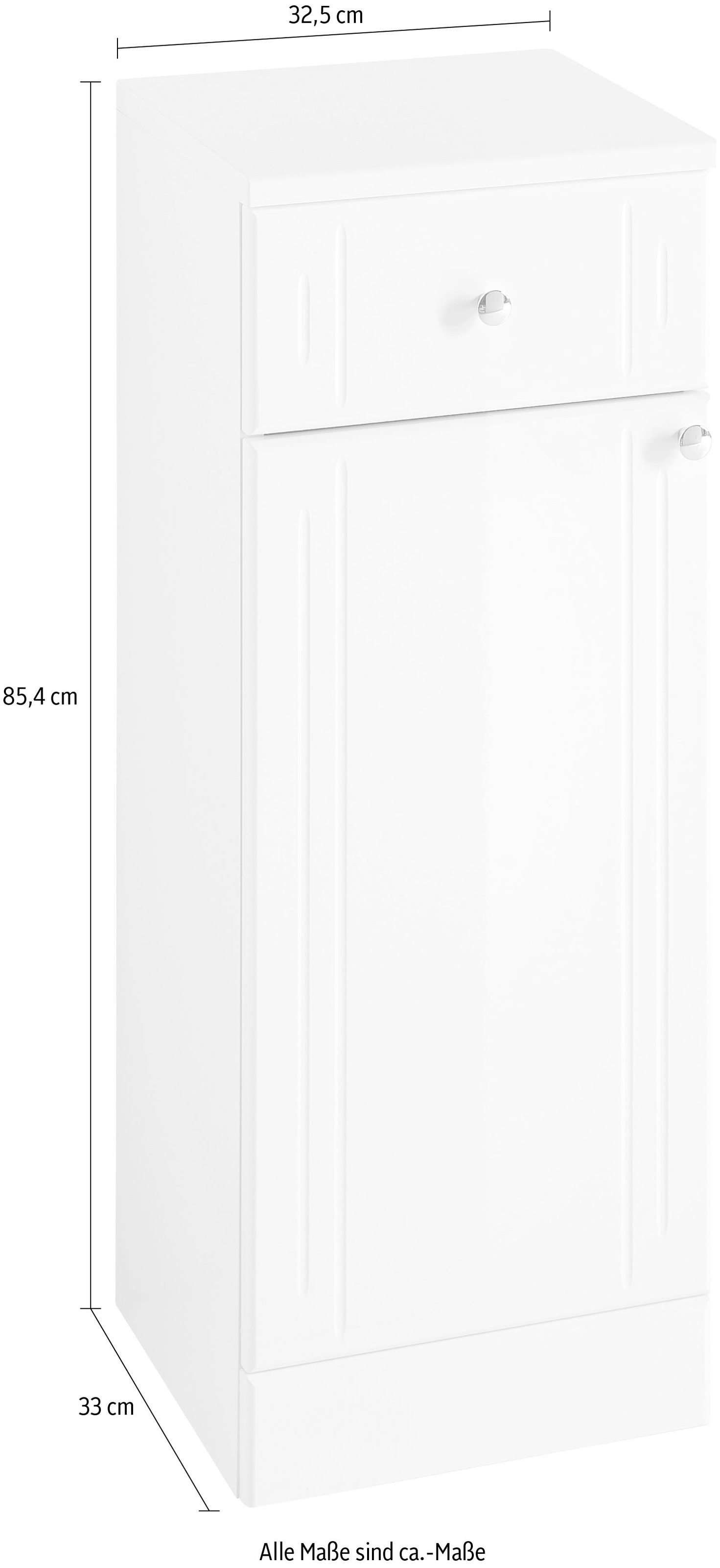 Saphir Unterschrank »Quickset 955 Badschrank mit 1 Tür, 1 Schublade, 32,5 cm breit« Badezimmer-Unterschrank in Weiß Hochglanz, Griffe Chrom Glanz