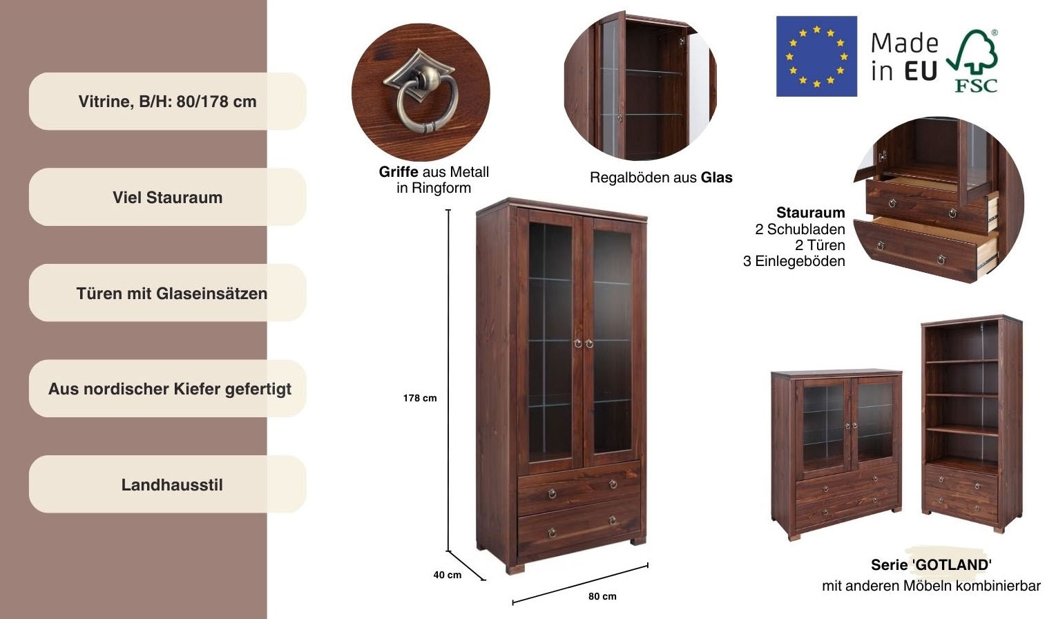 Home affaire Vitrine »Gotland«, Breite 80 cm, Höhe 178 cm, mit Glastüren, aus massiver Kiefer, FSC®