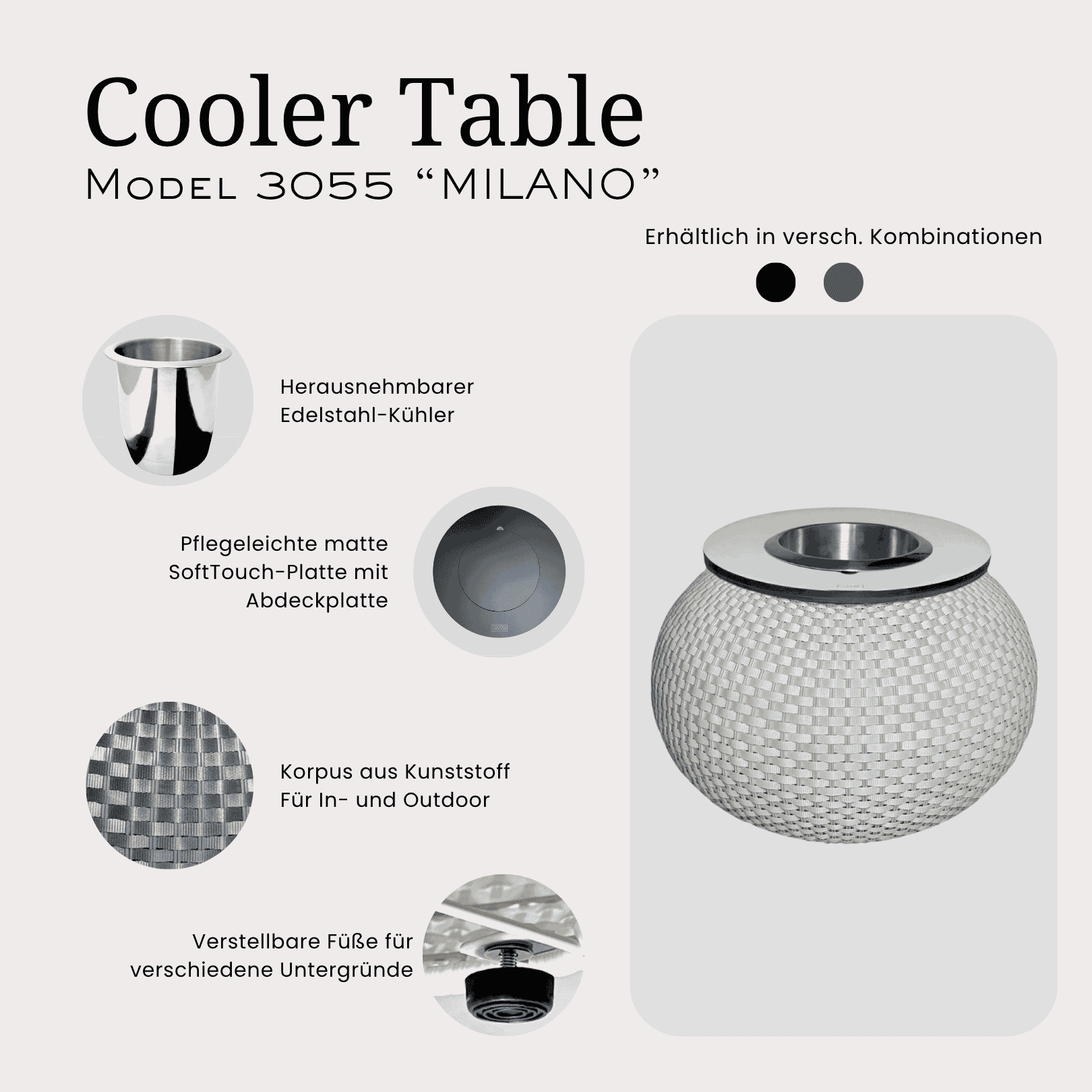 COOTAB Cooler Table Beistelltisch »Beistelltisch mit Edelstahl-Kühler Milano 40 cm«