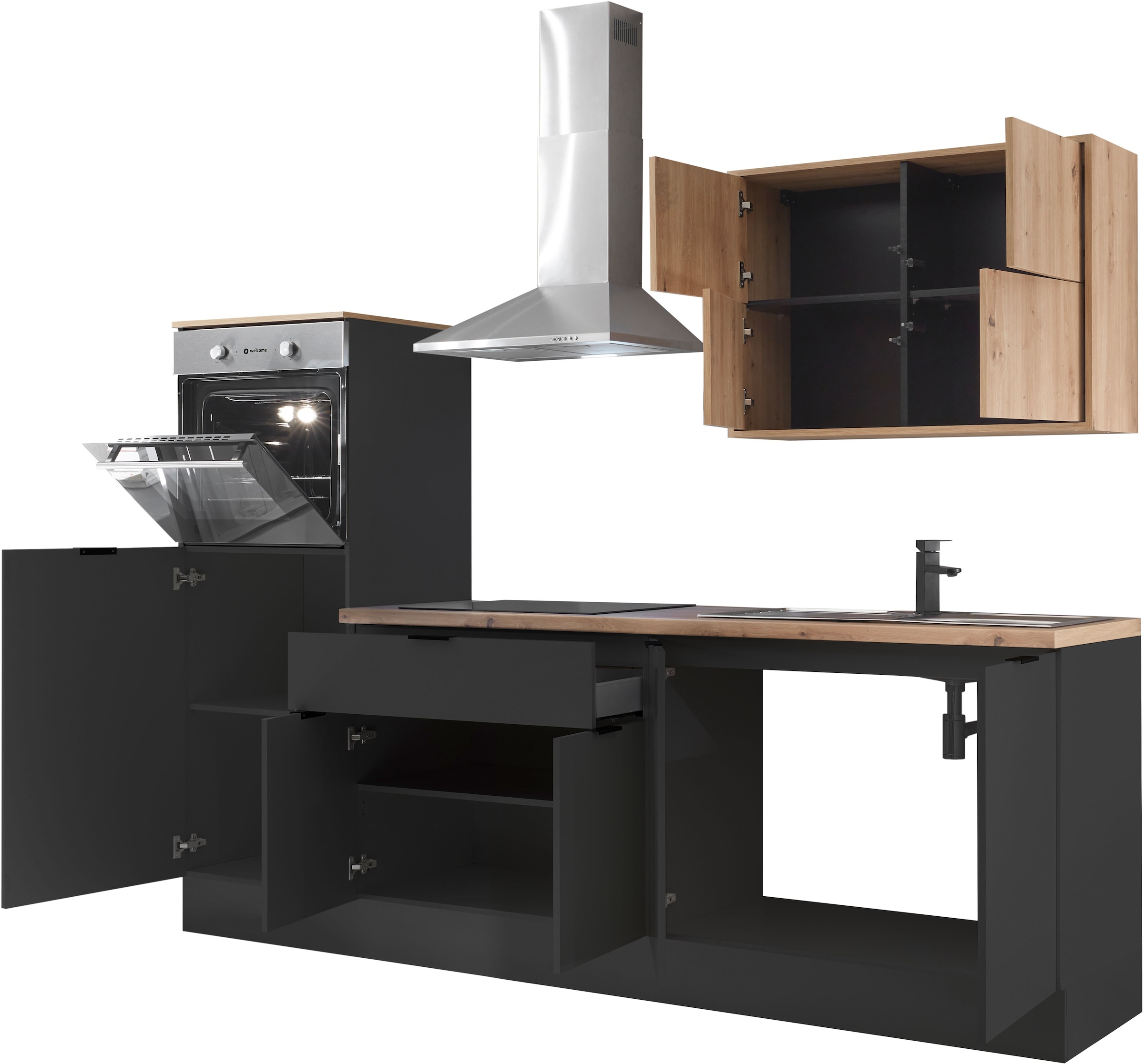 KOCHSTATION Küchenzeile »KS-Georgia, mit 38mm starker Arbeitsplatte« Breite 250 cm, wahlweise mit E-Geräten und Kühlschrank