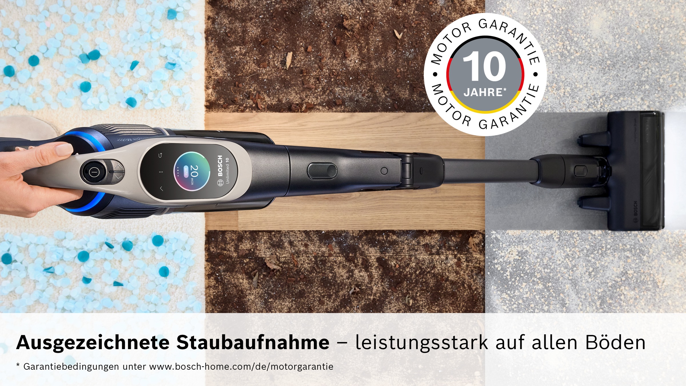 BOSCH Akku-Stielstaubsauger »Unlimited 10 BKS1051GQC, MicroClean™ Technology, Display, Knickrohr« HEPA-Filtersystem, 10 Jahre Motorgarantie, Schnellladegerät, grau