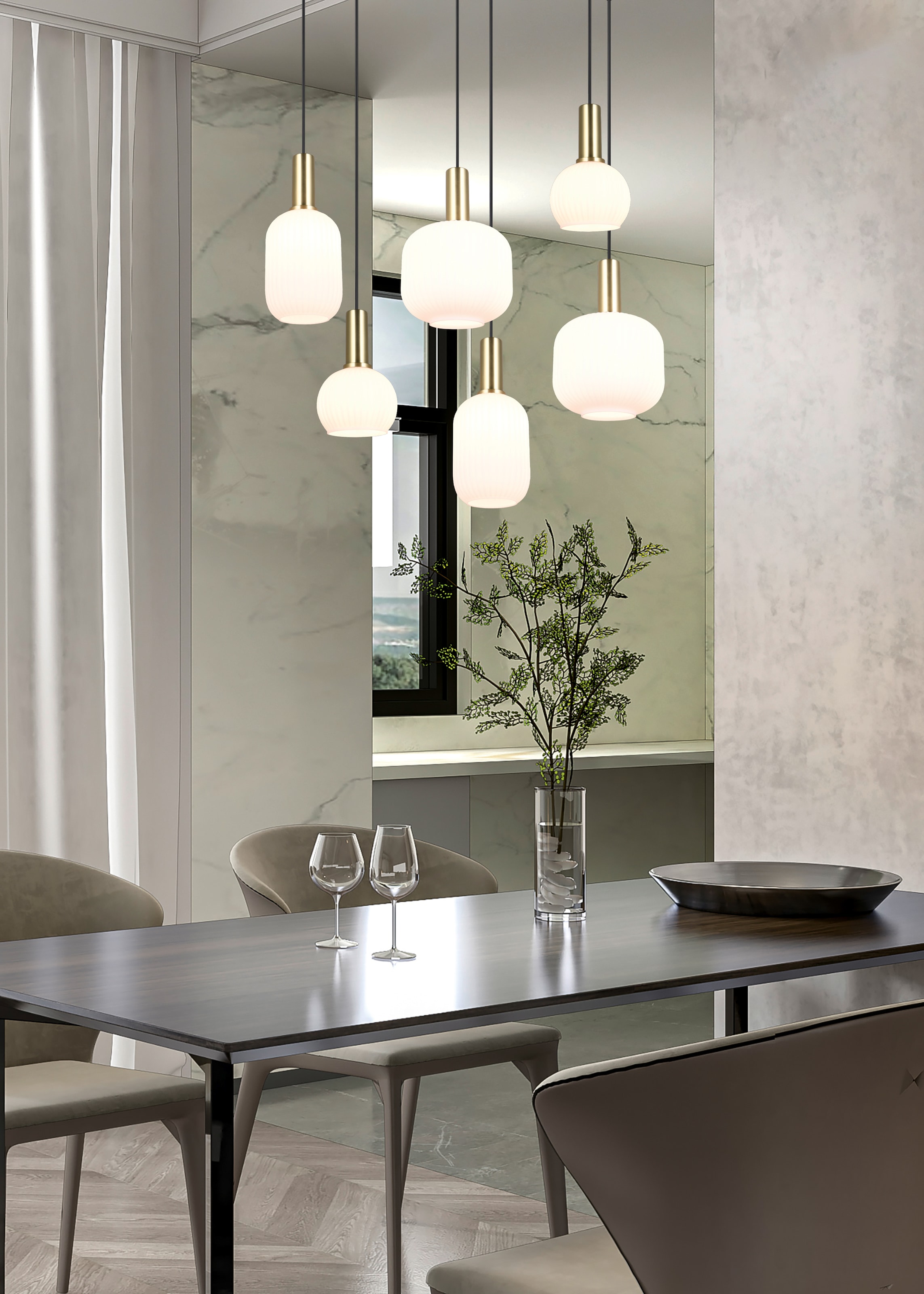 TRIO Leuchten Pendelleuchte »DIVA, E27 Hängelampe 6-flammig mit Glasschirm, exkl 6xE27 max 10W« E27 1 Stk. warmweiß - kaltweiß höhenverstellbar bis max 150cm Hängeleuchte 92x 35 cm Wohnzimmer Küche