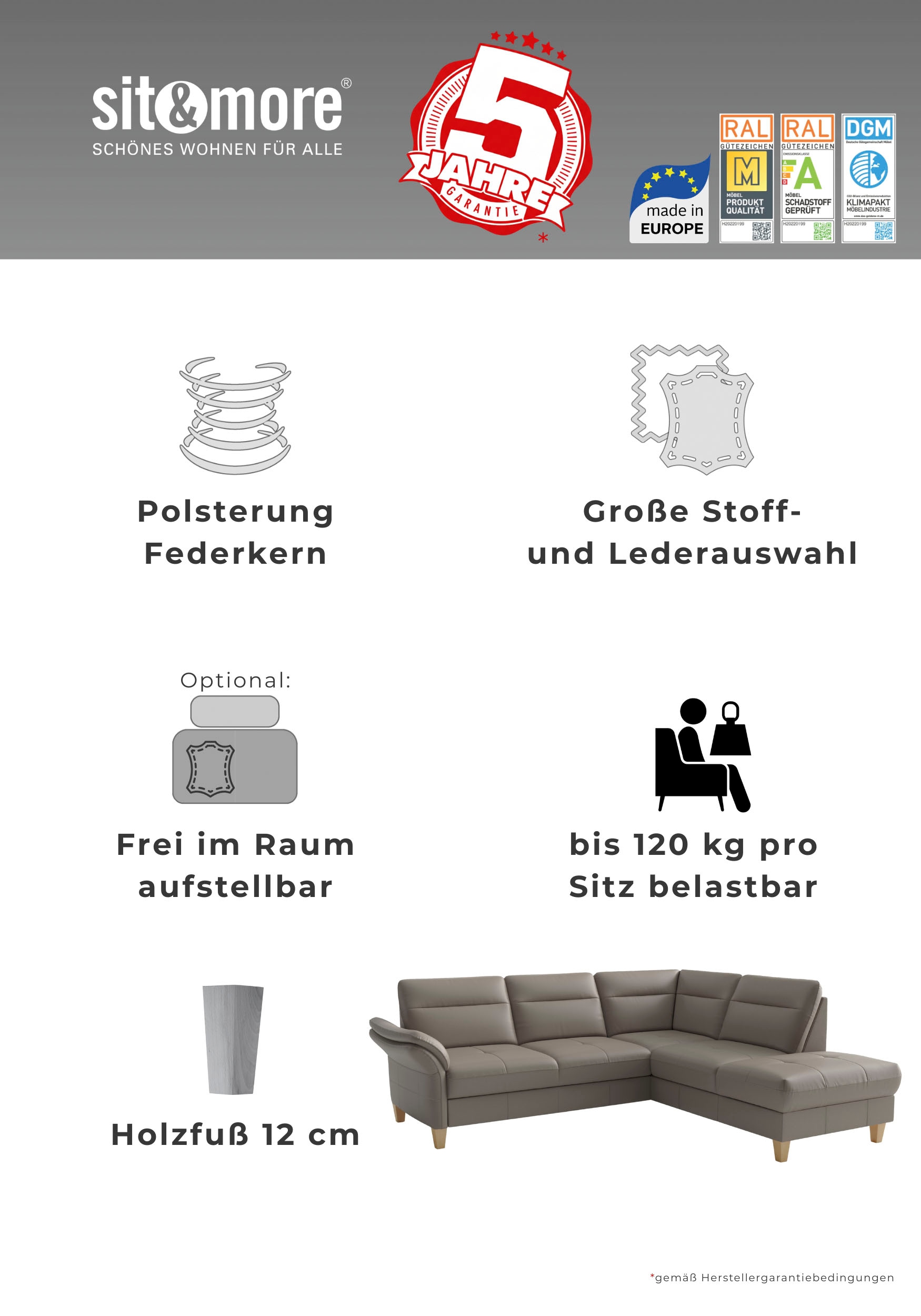 sit&more Ecksofa »Pamela L-Form, Leder, B: 218 und 230 cm« optional Armteilverstellung, Schlaffunktion & Bettkasten