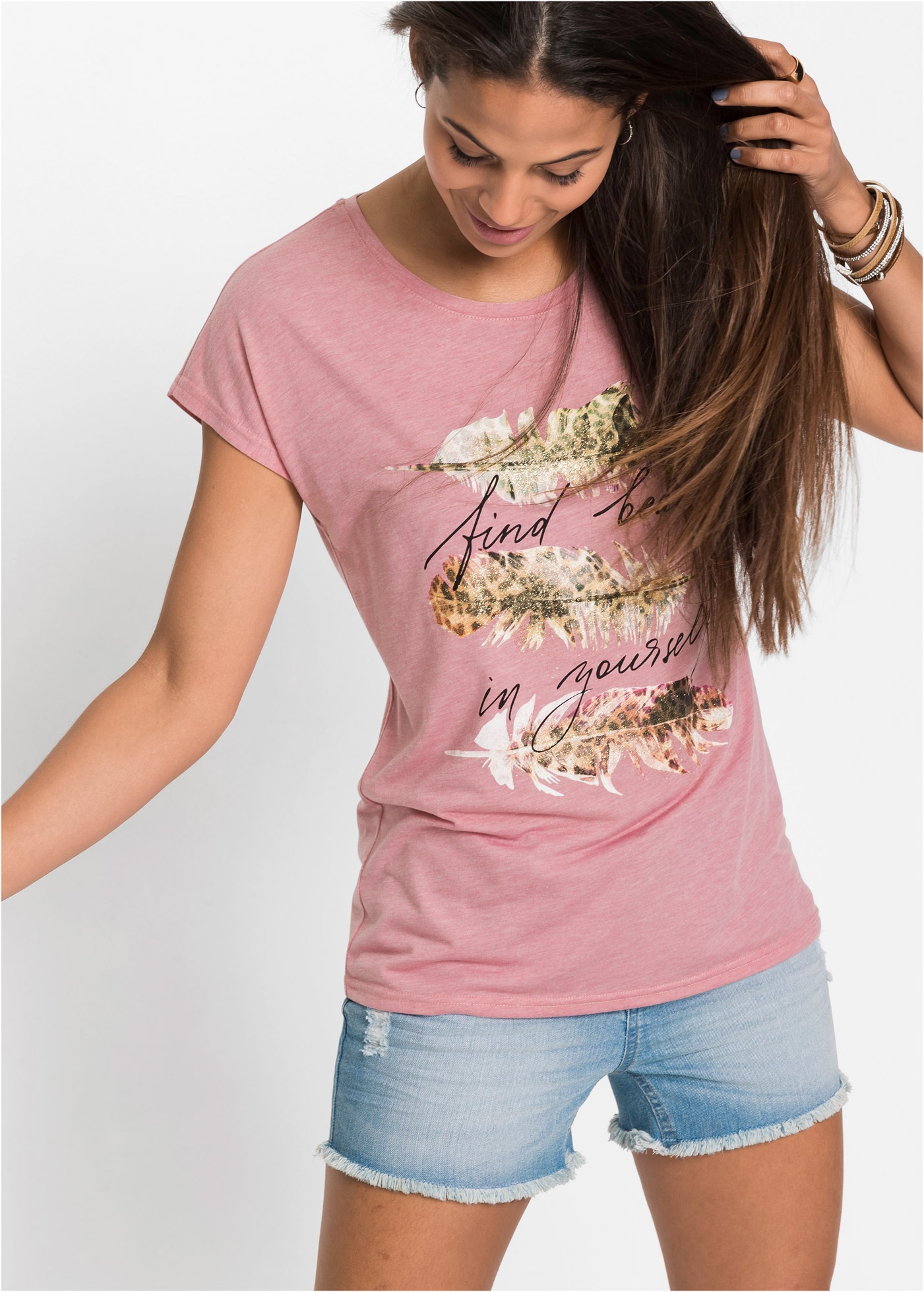 bonprix T-Shirt »T-Shirt mit Glitzerdruck« schmale Passform, Kurzarm, mit Glitzerdruck