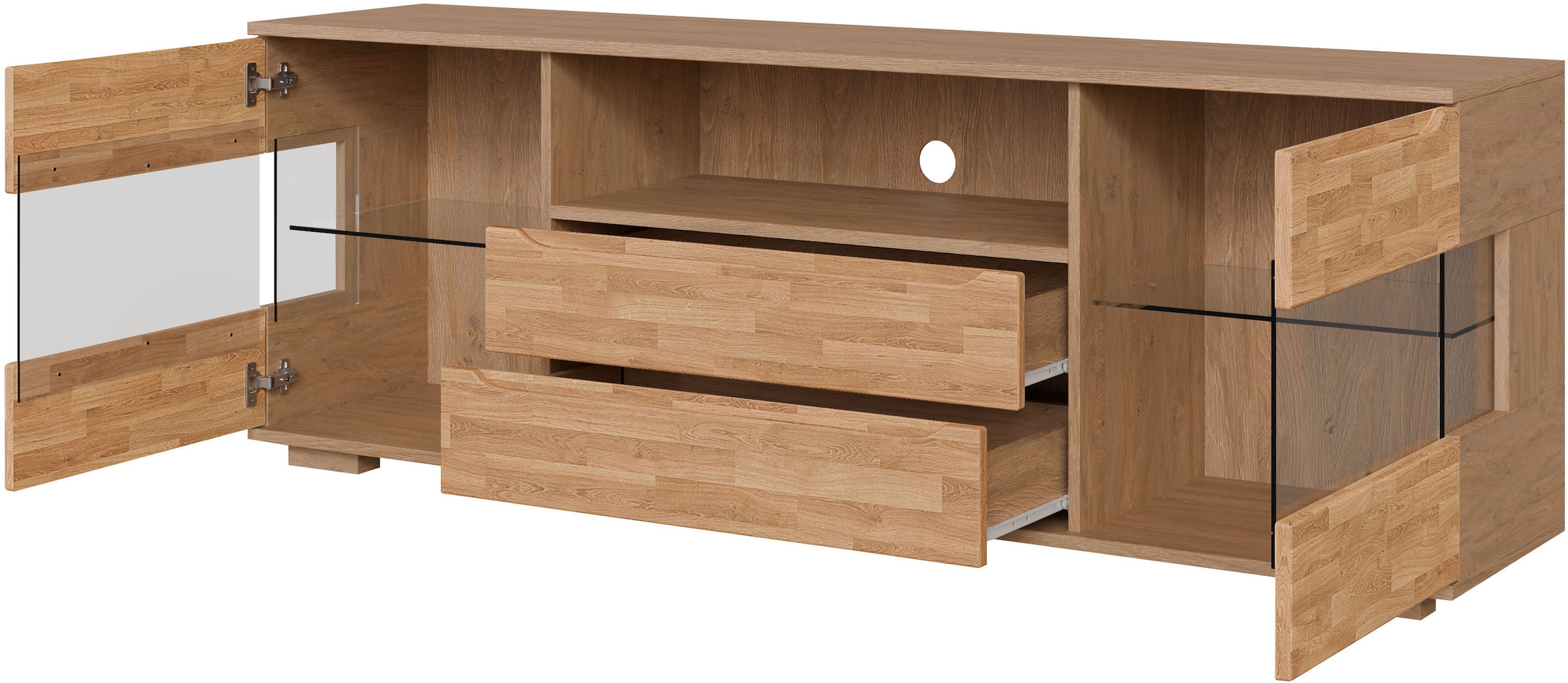 OTTO home Sideboard »VETRO Teilmassiv, Fronten Massivholz, Wohnzimmer, Stauraum,Griffmulde« B/T/H:180/40/63cm, 2Schubladen, 4 geschlossene & 2 offene Fächer