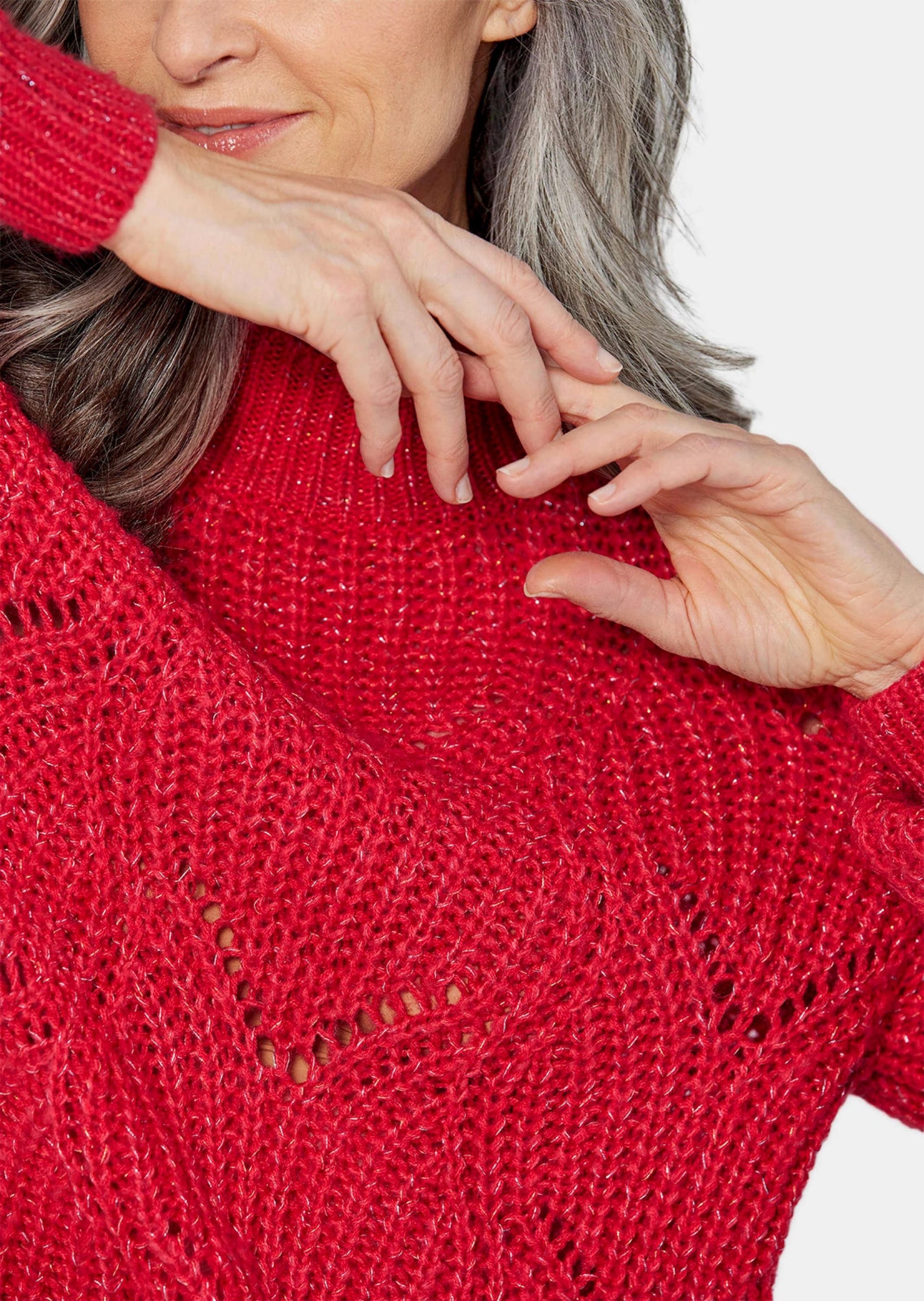 GOLDNER Rundhalspullover »Kurzgröße Strickpullover mit Ajourmuster«