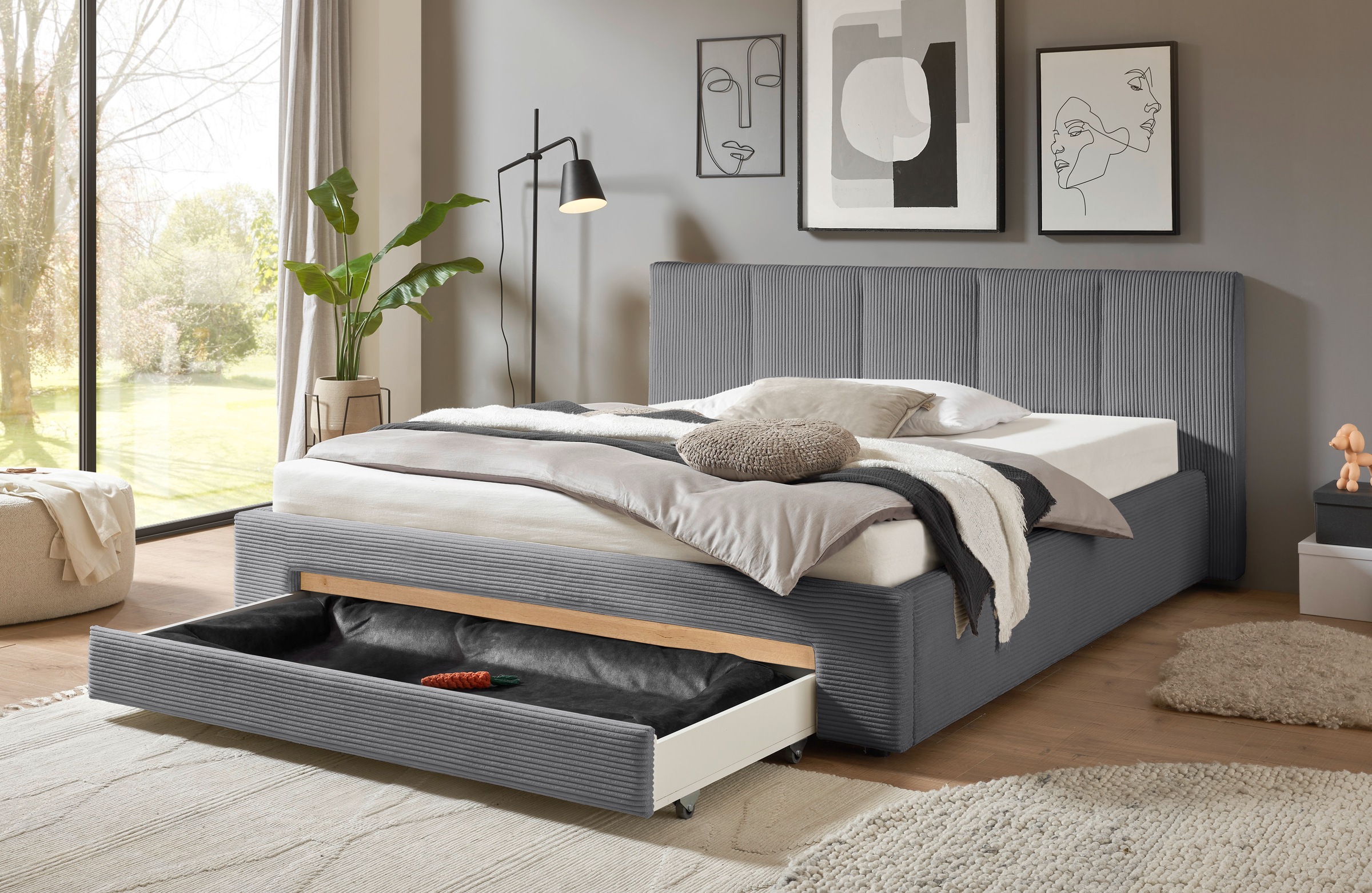 INOSIGN Polsterbett »CiTY/GiRON, Bettgestell mit Bettkasten, gepolstertes Stauraumbett«, mit Hundebett oder Stauraumschublade, Bezug Cord-oder Leinenoptik
