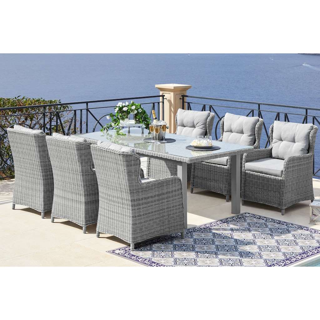 KONIFERA Garten-Essgruppe »Seattle«, (Set, 19 tlg., 6x Sessel, 1xTisch 170x90 cm, inkl. Auflagen, Polyrattan, Aluminium)