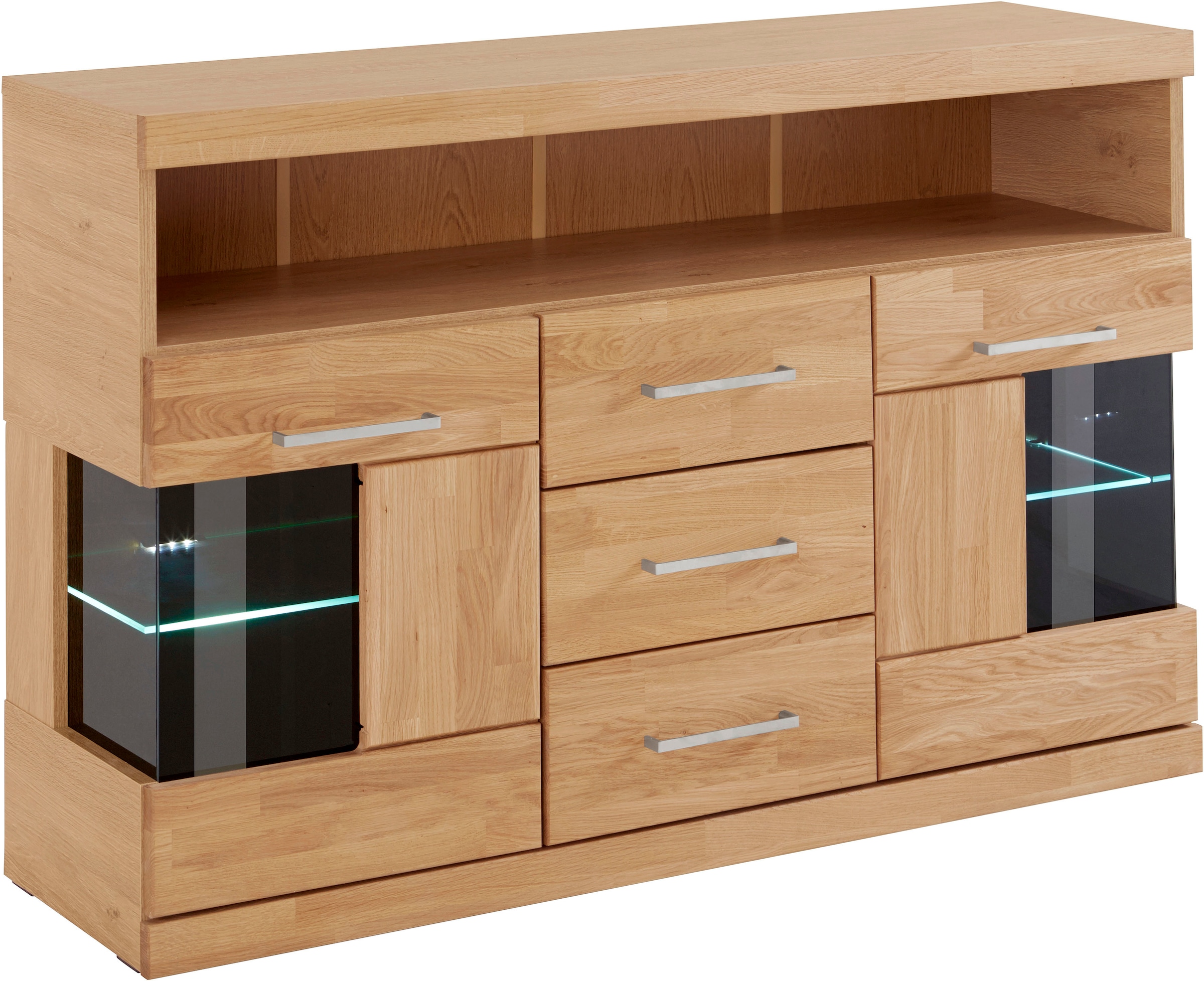 Home affaire Sideboard »Ribe,125cm breit, Fronten Massivholz,5 Fächer,Böden versetzbar«, Korpus Holzwerkstoff,Türen mit Glaseinsatz,3 Schubladen,Metallgriffe