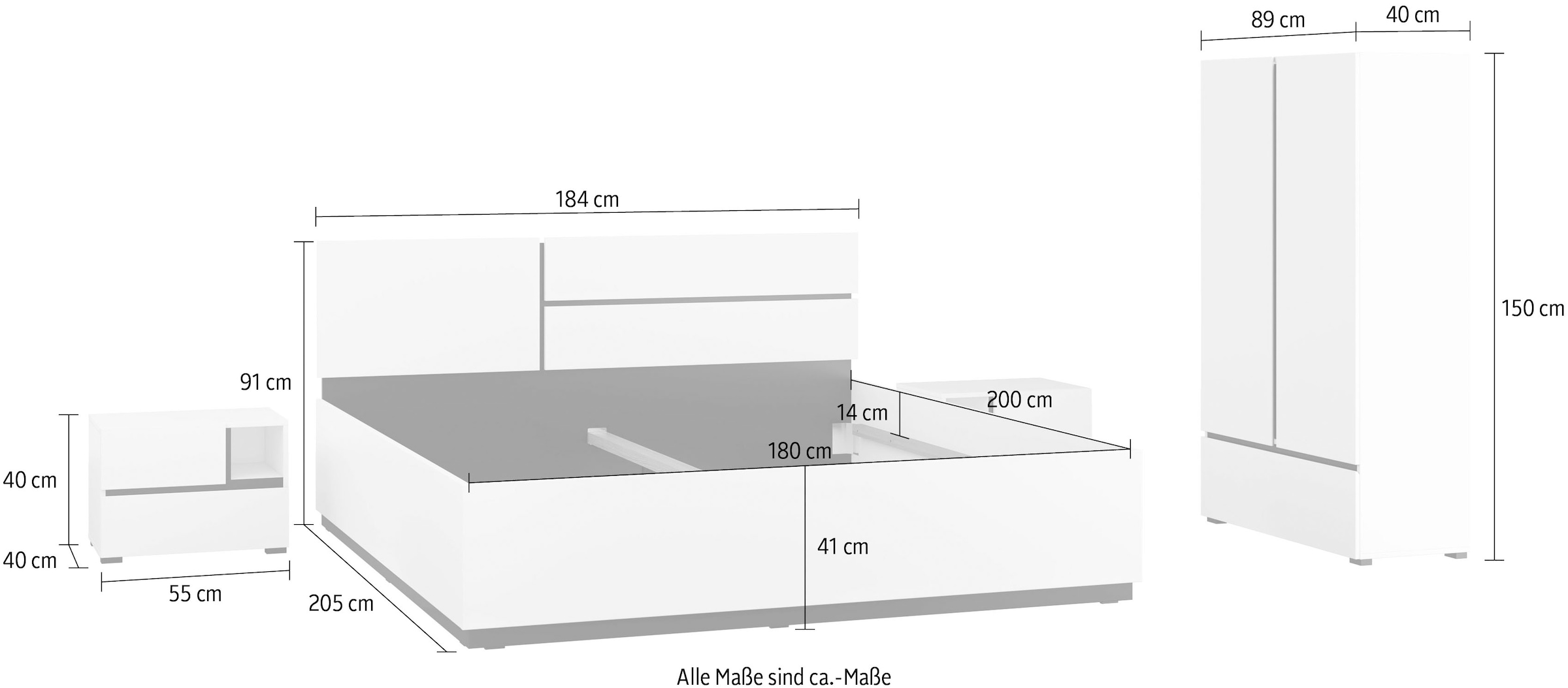 Home affaire Schlafzimmer-Set »Cross, moderne, grifflose Optik, FSC-zertifiziert«, (4 tlg., Bett 180x200cm, 2 Nachtkommoden, Schrank 2-oder 4-türig), Komplettschlafzimmer-Set