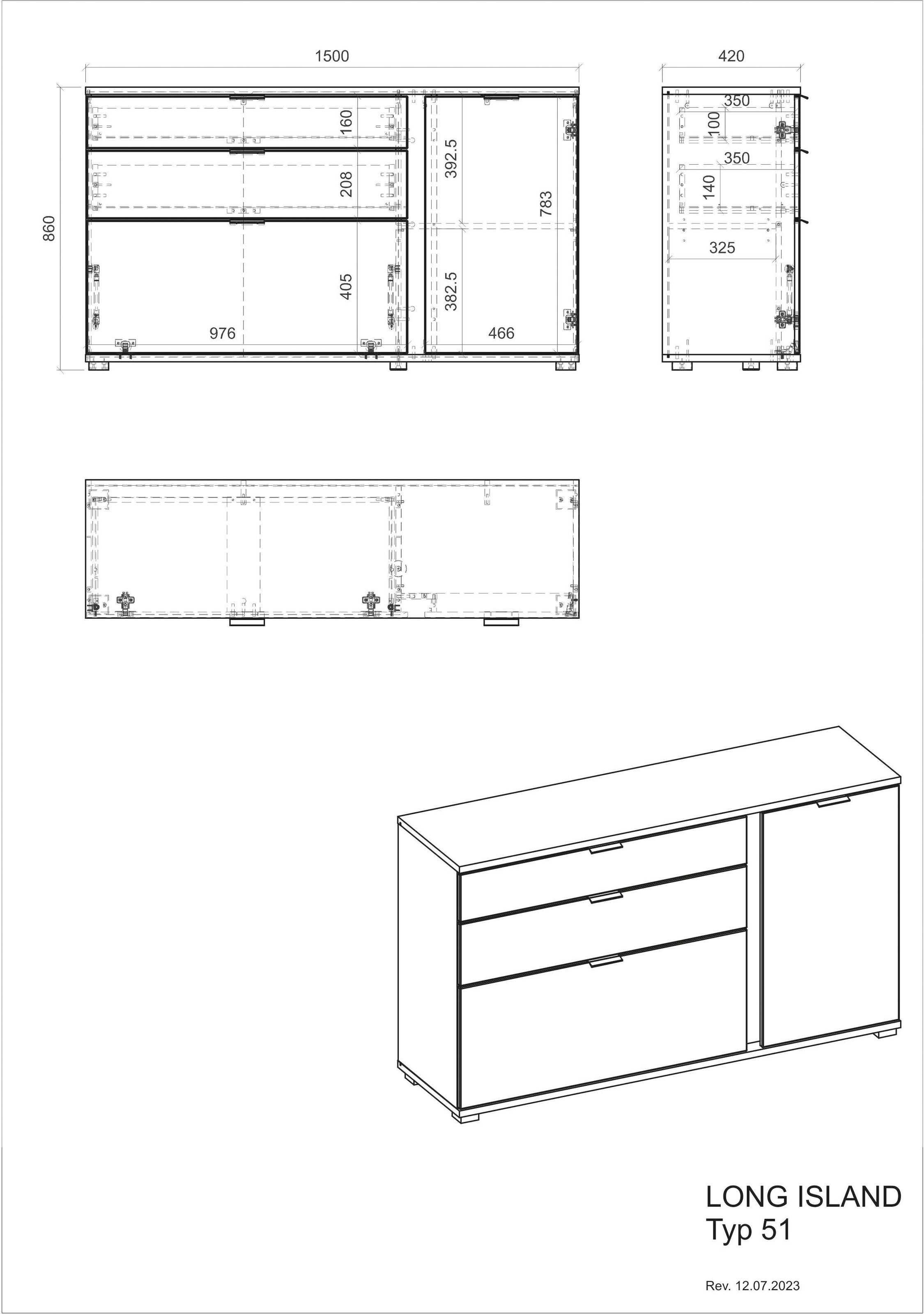 INOSIGN Sideboard »LONG ISLAND«, (1 St.), in moderner Trendfarbe,inklusive senkrechter Beleuchtung,Breite 150 cm