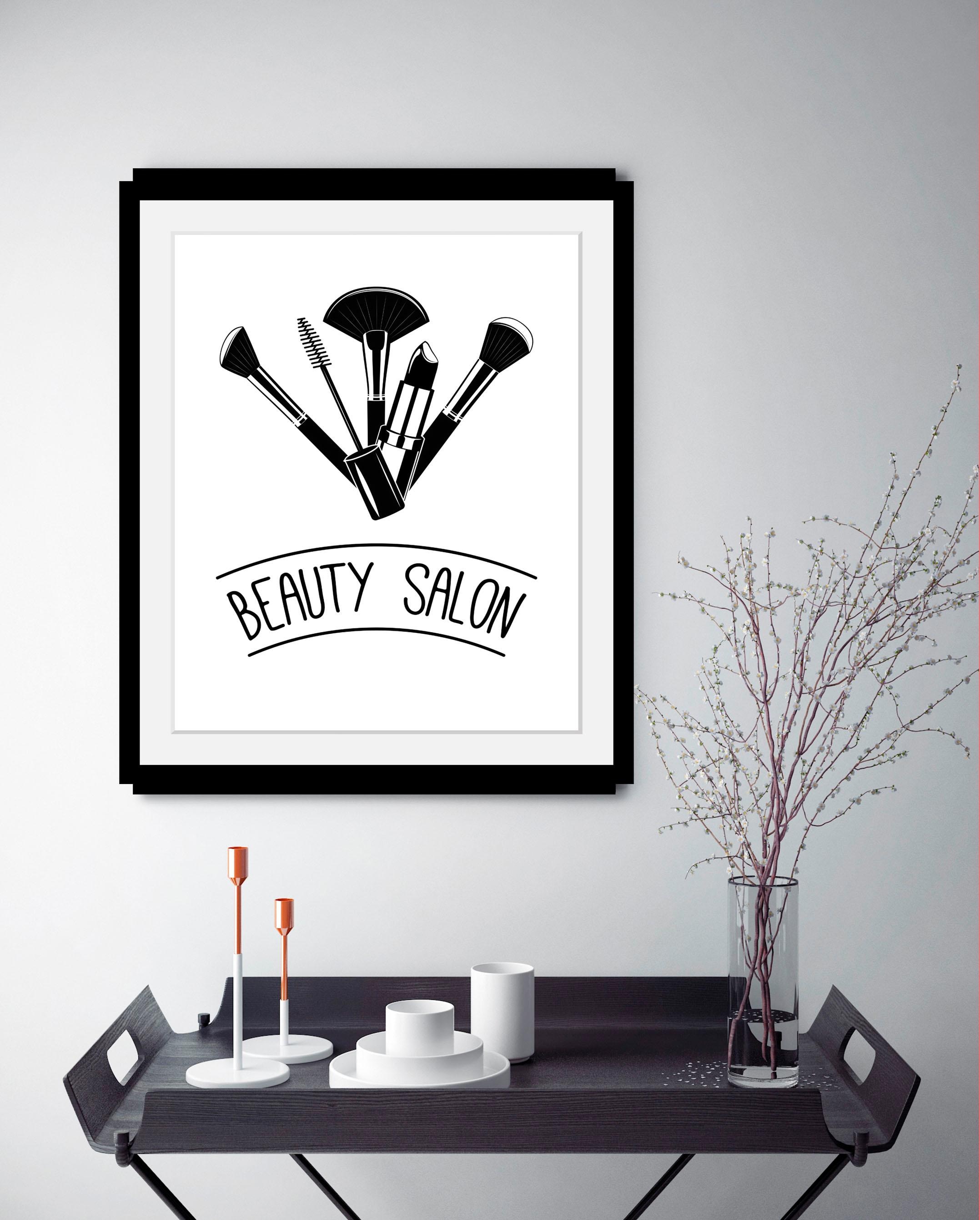 queence Bild »Beauty Salon«, Schwarz-Weiß-Fashion-Schriftzug-Schriftzüge, HD Premium Poster-Druck inkl. Holzrahmen