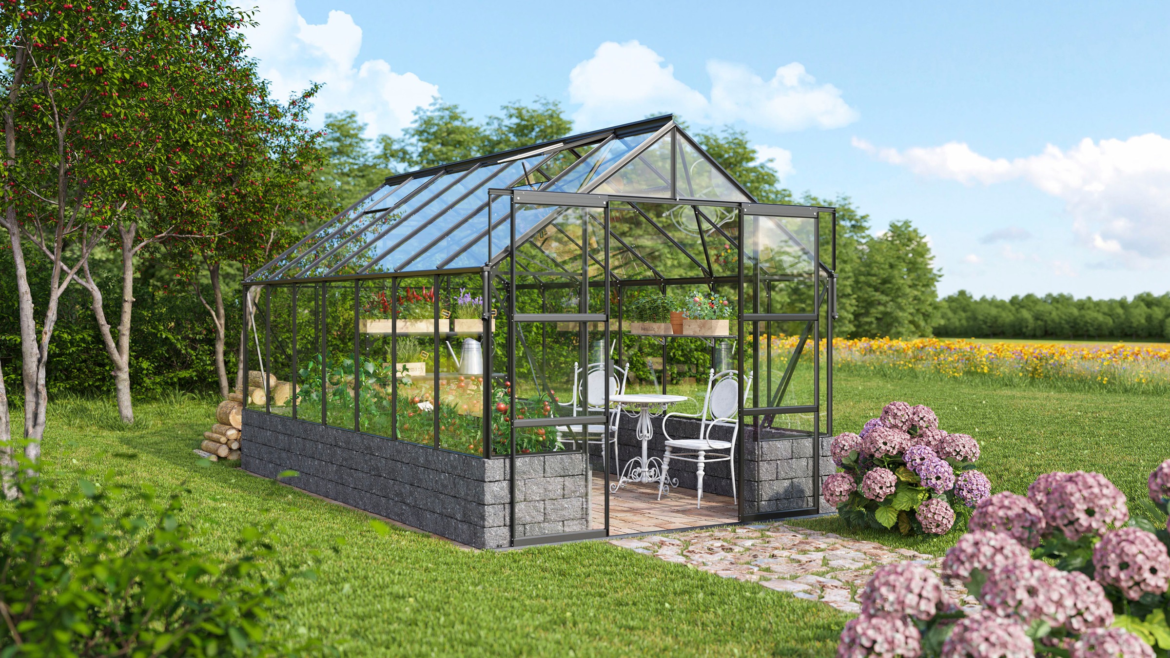 Vitavia Gewächshaus »Cassandra 11500«, Alu-Pofile, Trockenmauersteinen, 3 mm Sicherheitsglas
