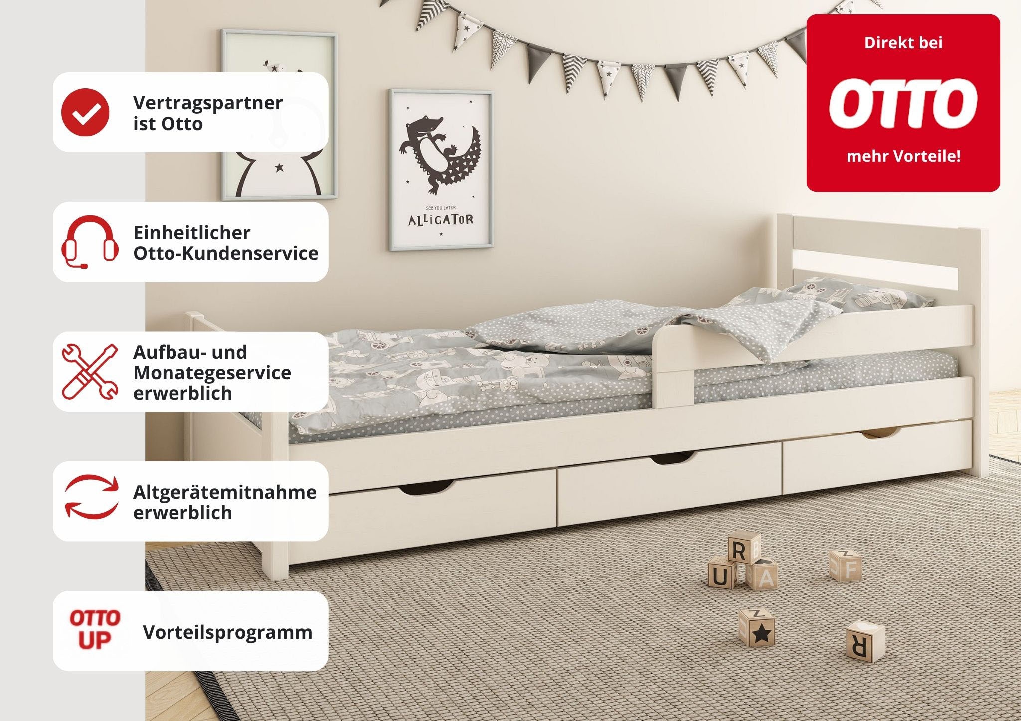 OTTO home Kinderbett »"TIMMO " , inklusive 3 Schubkästen« bodentief, mit Rausfallschutz, zertifiziertes Massivholz