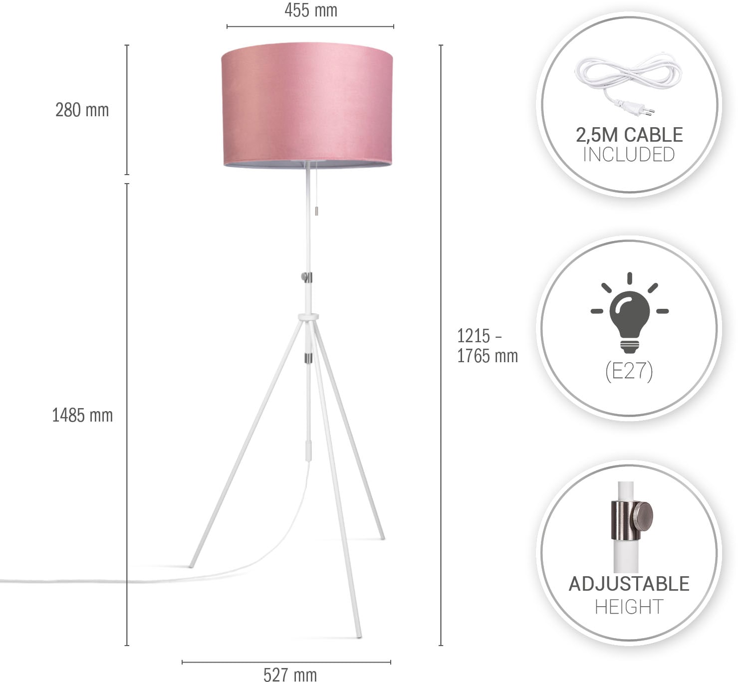 Paco Home Stehlampe »Naomi uni Color« E27 Wohnzimmer Höhenverstellbar 121,5 bis 176,5 cm Zugschalter Velour
