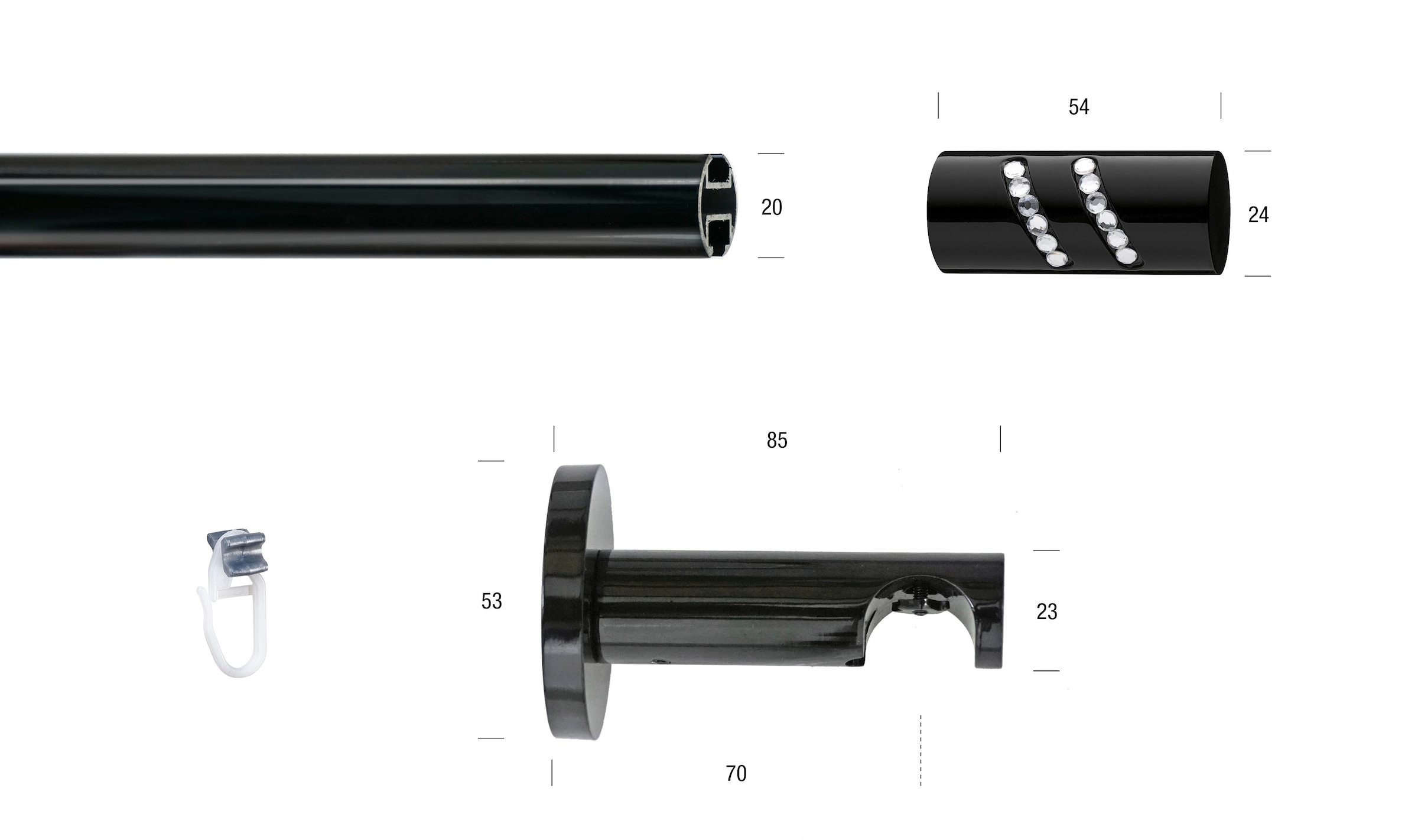 GARESA Gardinenstange »BLACK«, 1 läufig-läufig, Wunschmaßlänge, Vorhanggarnitur, Innenlauf, verlängerbar, Endknopf mit Glitzersteinen