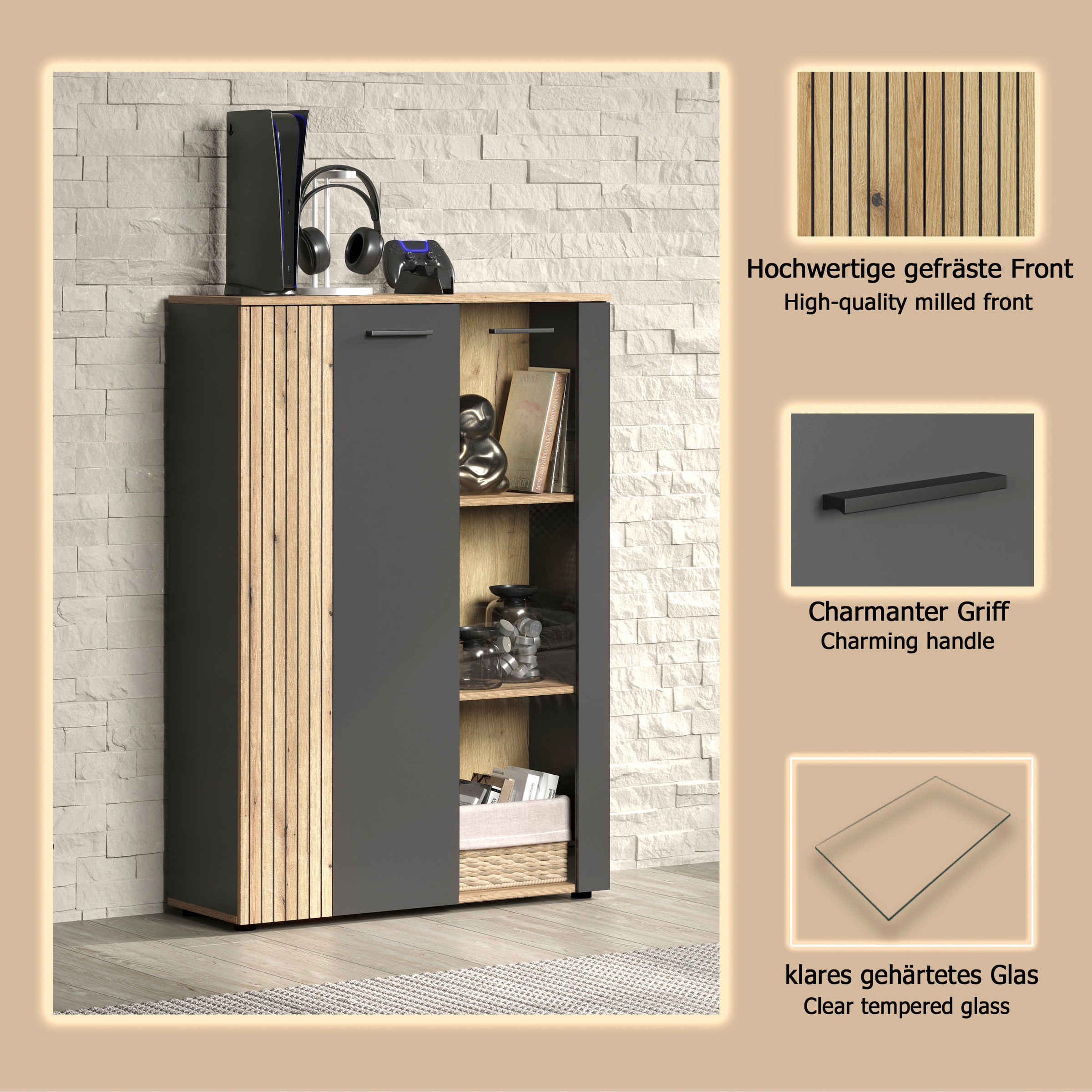 Home affaire Highboard »Estepona« 1 Stk. tlg. Vitrine, Tür mit Rillen-Optik, Breite 91 cm