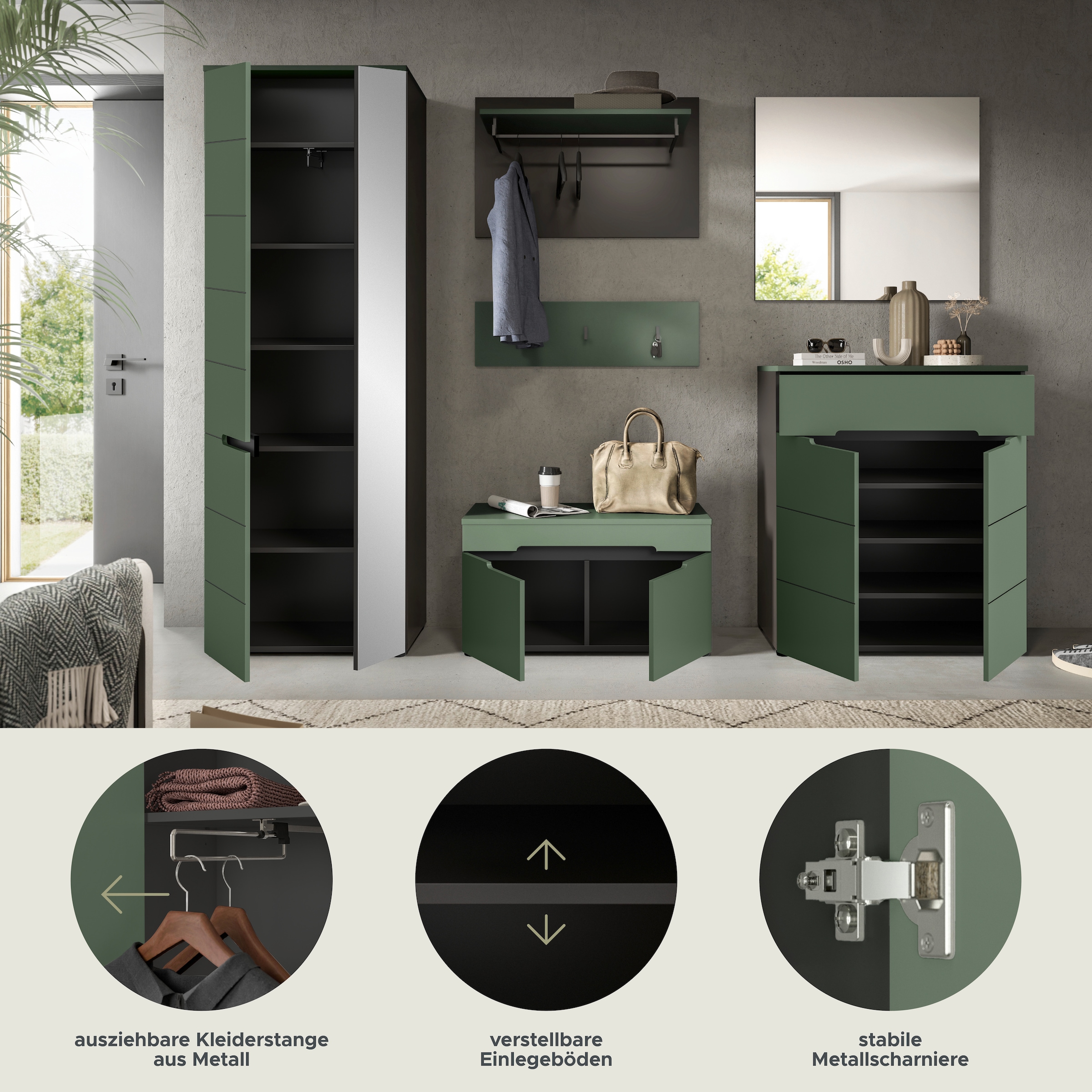 Home affaire Garderoben-Set »Rehat, Garderobenkombination, Breite 255cm« Garderobenschrank, Sitzbank, Paneel, Hakenleiste, Spiegel, Kommode, 6 Stk. tlg.
