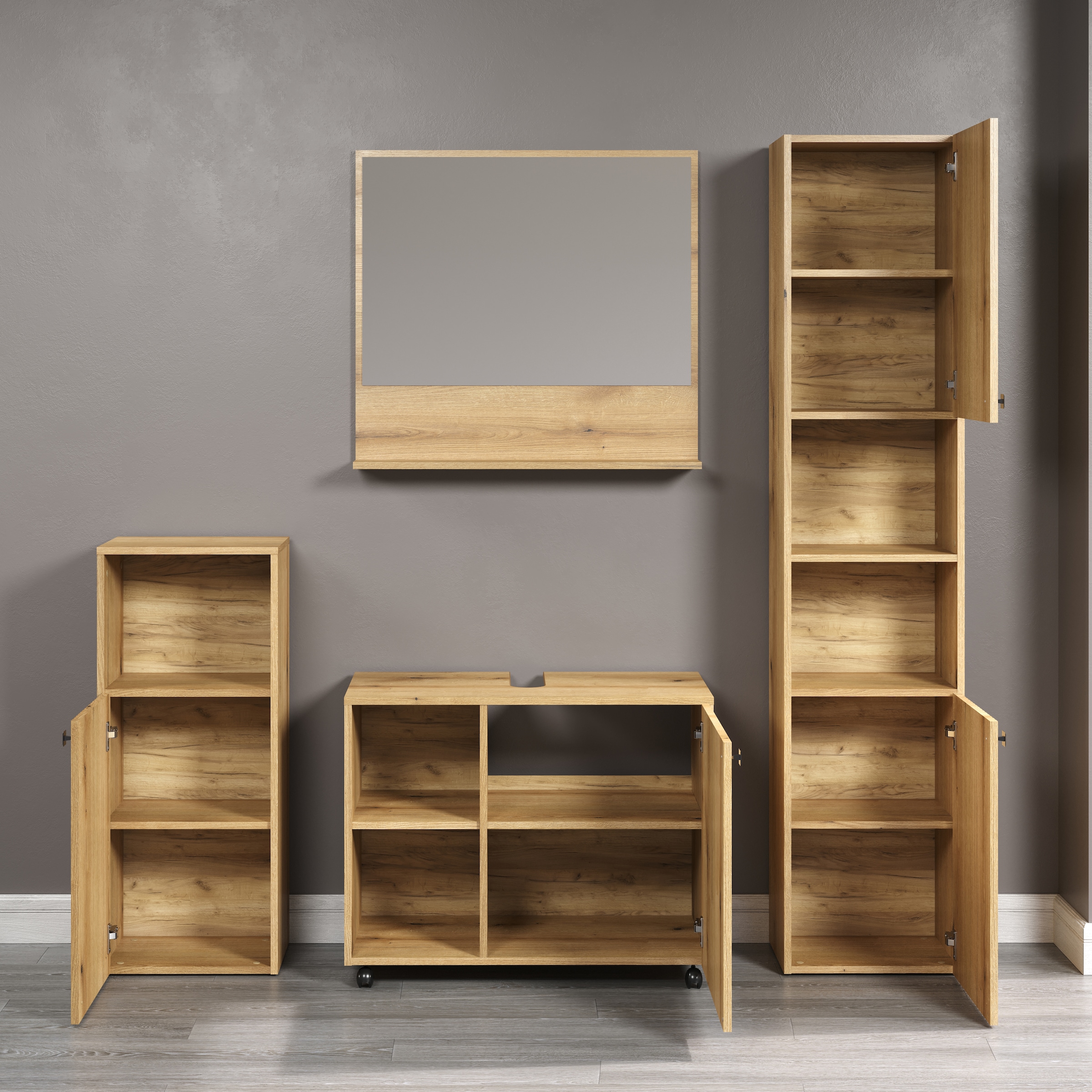 welltime Badmöbel-Set »Amrum Waschbeckenunterschrank Spiegel Hochschrank Badschrank«, (Komplett-Set, 4 St.), 4-teiliges Badmöbel-Set Eiche Rillenoptik - Maße (B/T/H) 180/42/186 cm