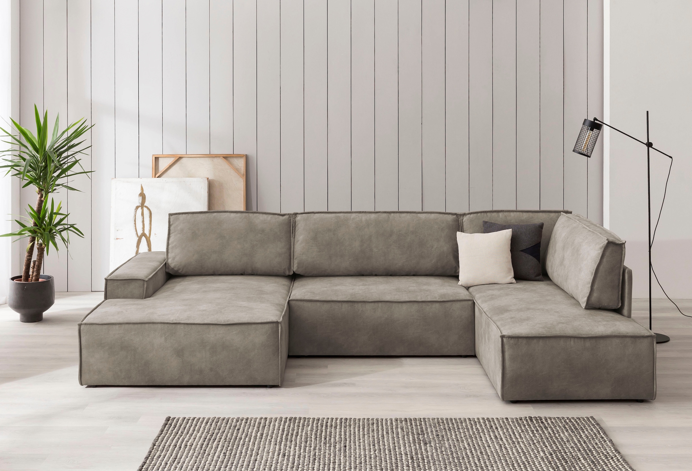 Home affaire Wohnlandschaft »SHERWOOD 329 cm, U-Form, Schlafsofa,«, Schlaffunktion m. Bettkasten (194x139 cm), Cord, Vintage, Samtvelours
