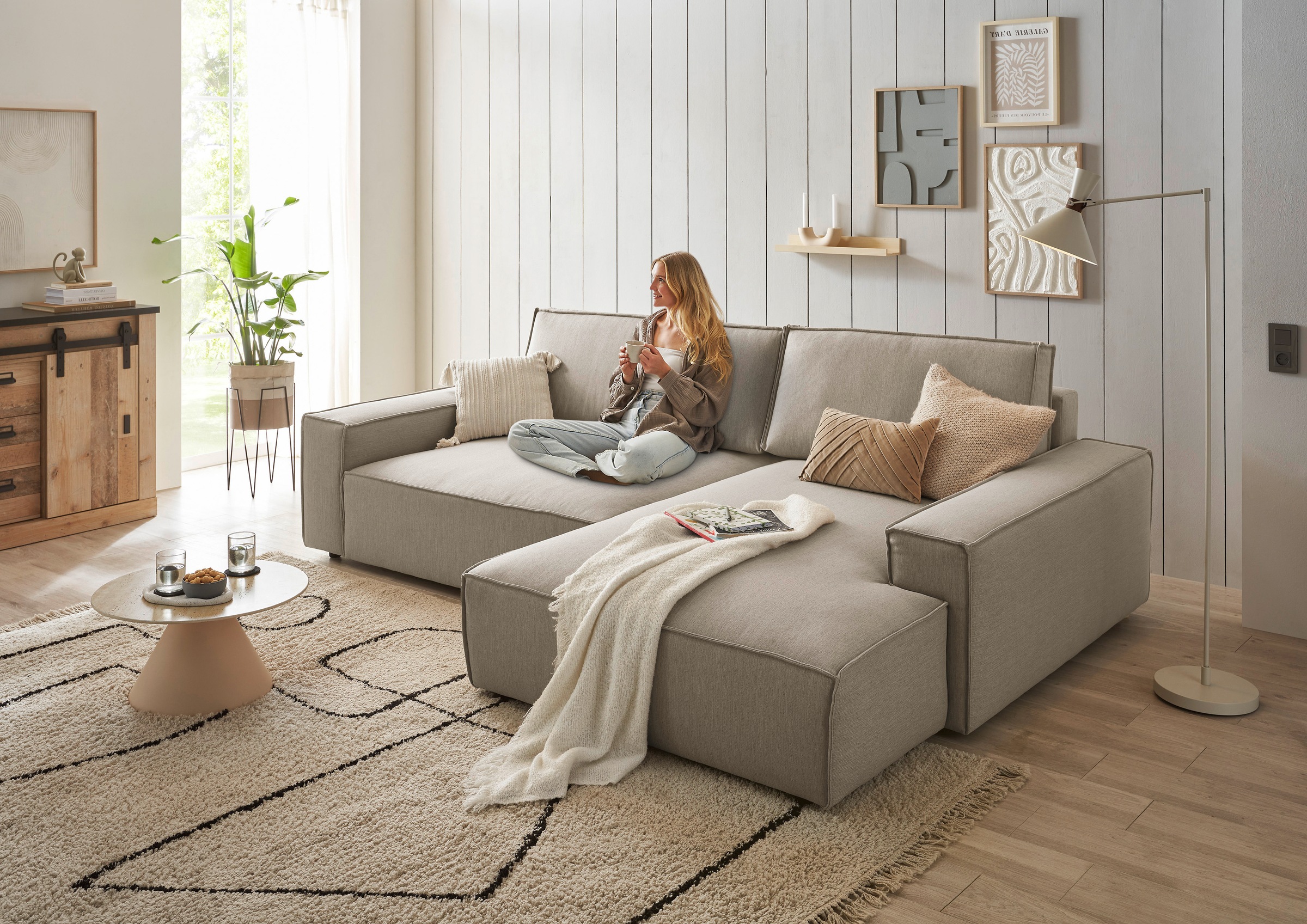 Home affaire Ecksofa »NEU: SHERWOODL XXL 284, Big-Sofa L-Form, tiefe Sitzfläche 95 cm, Cord,«, Leinenoptik, Recamiere rechts/links, auch als Schlafsofa stellbar