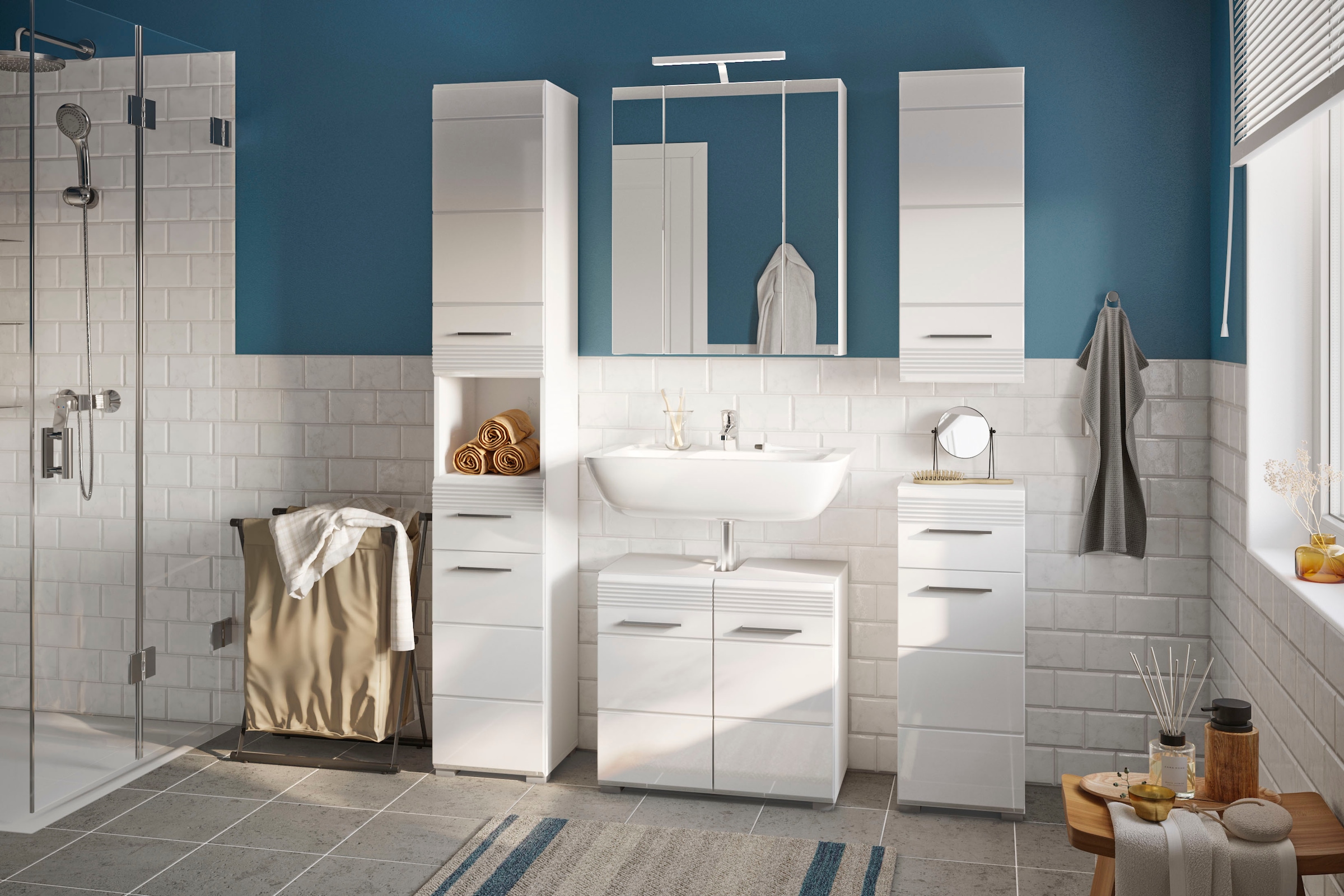 INOSIGN Hochschrank »Malmö, Breite 30 cm, 2 Türen, 1 Schubkasten, 1 offenes Fach, MDF-Front«, in verschiedenen Farben erhältlich, Badmöbel, Badschrank, Schrank, Bad
