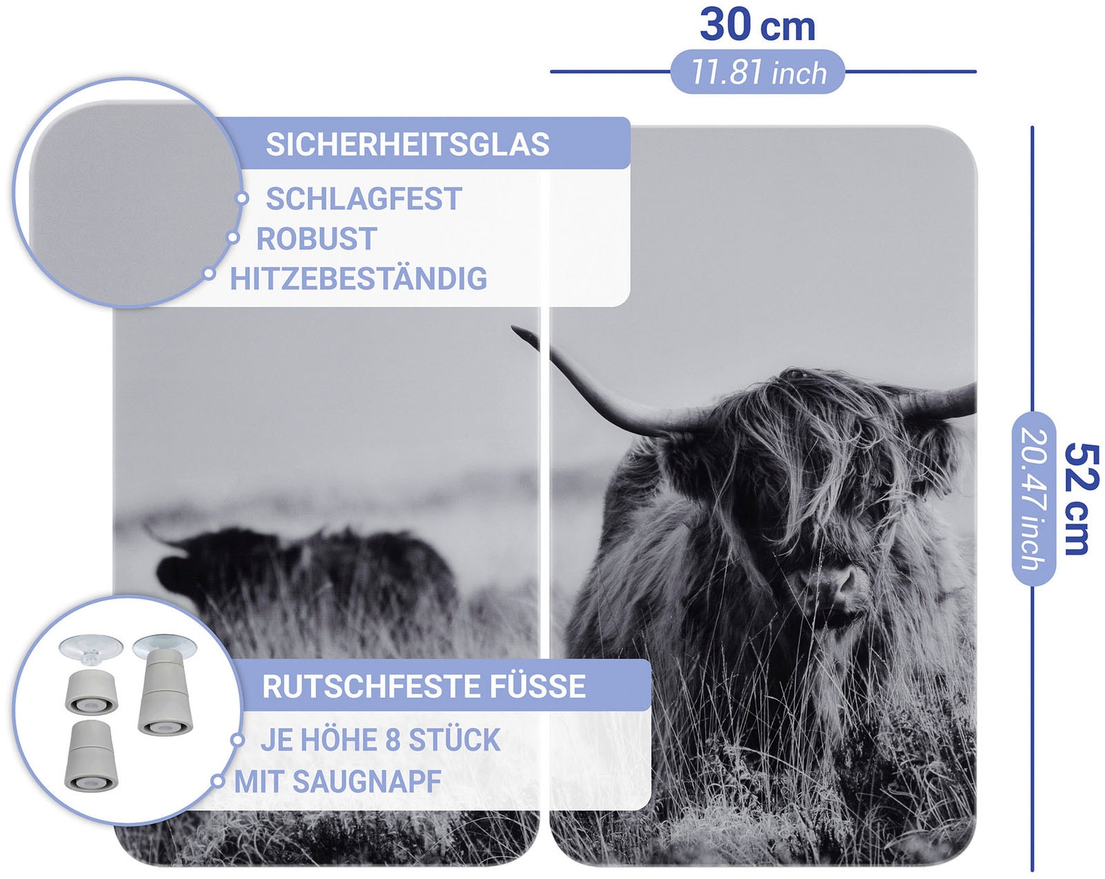 WENKO Herd-Abdeckplatte »Universal Modell Highland Cattle«, (Set, 2 tlg.), Herdabdeckung für alle Herdarten, kratzfest, mit rutschfesten Füßen
