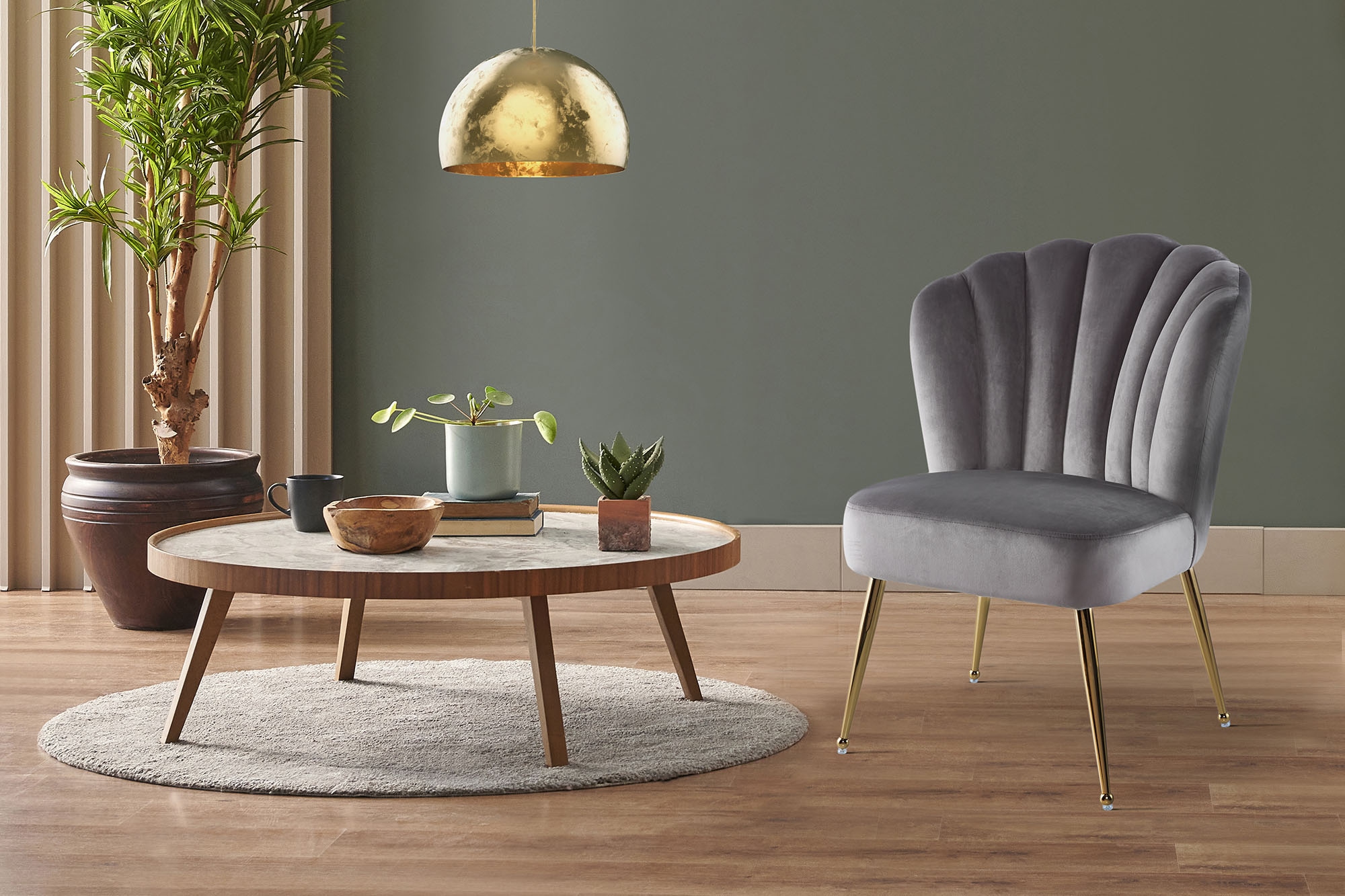 Kayoom Polsterstuhl »Stuhl Lalie 125, Rückenlehne im Retro-Stil, ausgefallene Rückenlehne«, 1 St., Rückenlehne in Muschel-Design, Samtbezug, goldene Metallbeine