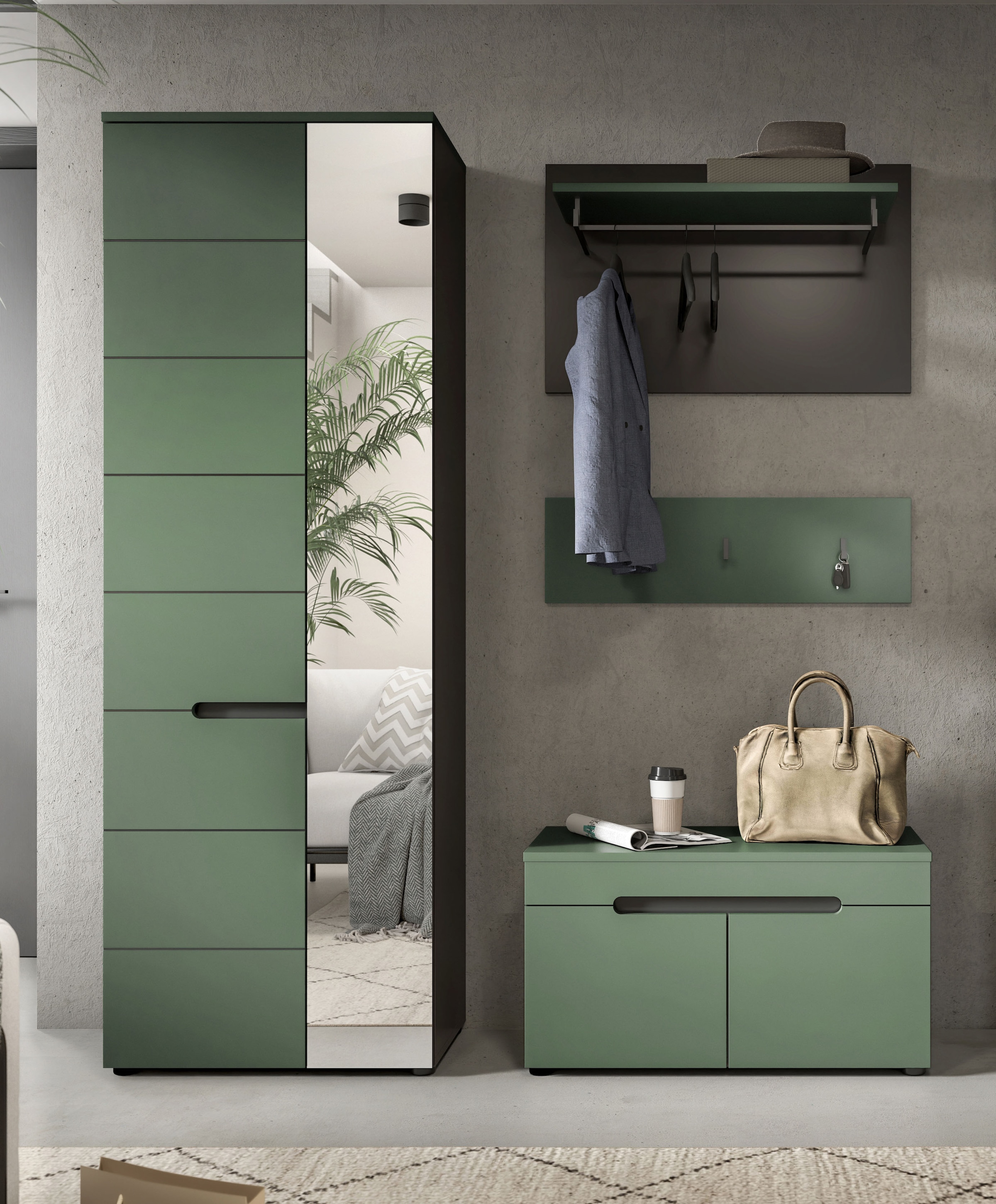 Home affaire Garderoben-Set »REHAT, TOPSELLER!, 4-teilig, Breite 160cm, individuell stellbar« bestehend aus: Garderobenschrank, Sitzbank, Paneel, Hakenleiste, 3 Stk. tlg.