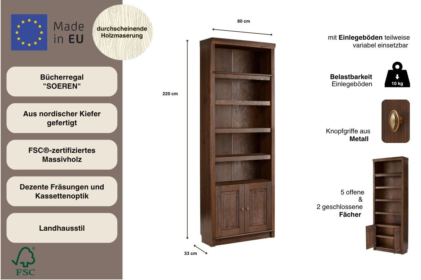 Home affaire Bücherregal »Soeren« aus massiver Kiefer, Höhe 220 cm, mit 2 Holztüren, viel Stauraum