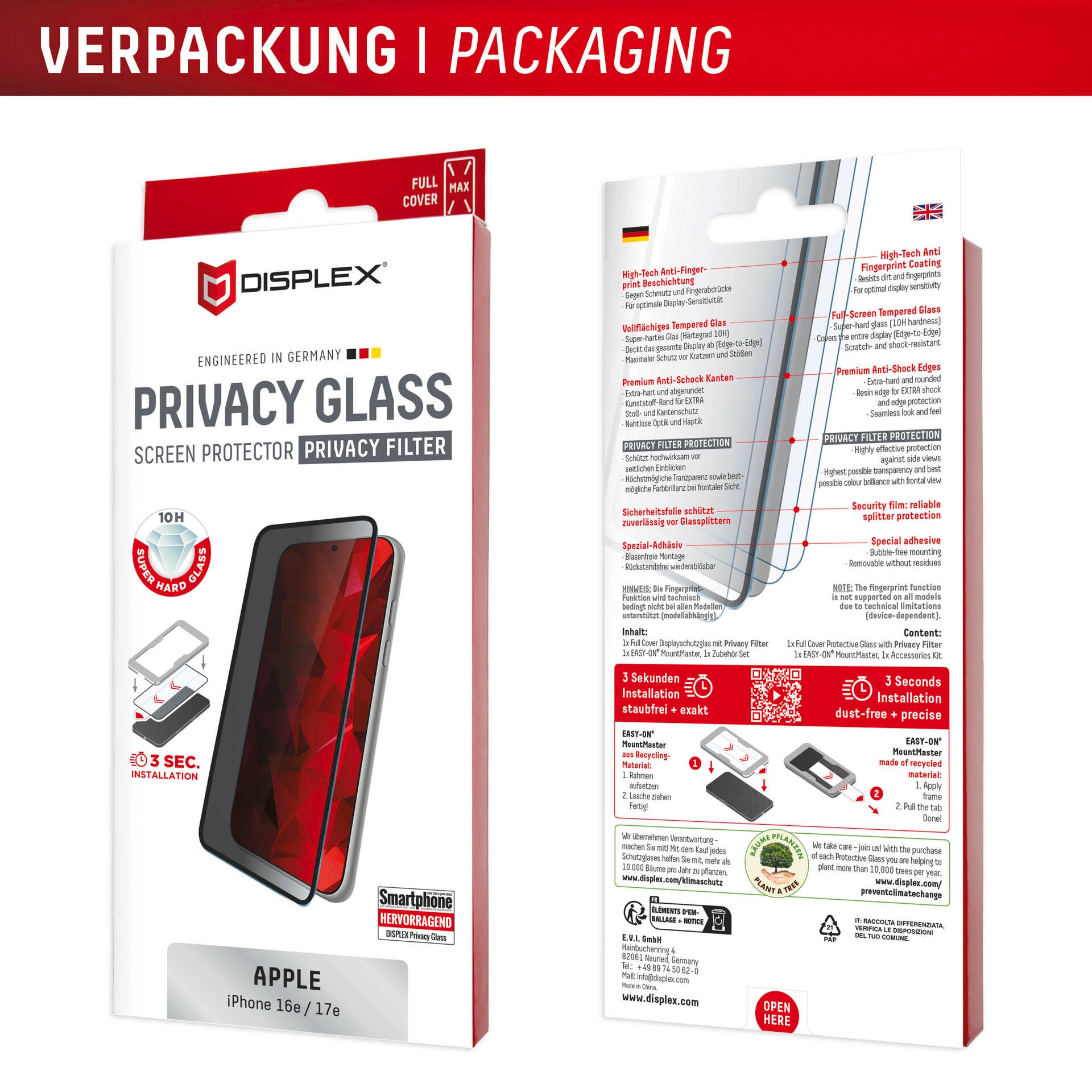 Displex Displayschutzglas »Privacy Glass Screen Protector mit EASY-ON MountMaster« für Apple iPhone 16e;Apple iPhone 17e Displayschutzfolie, Schutzfolie, Bildschirmschutz, kratz- & stoßfest