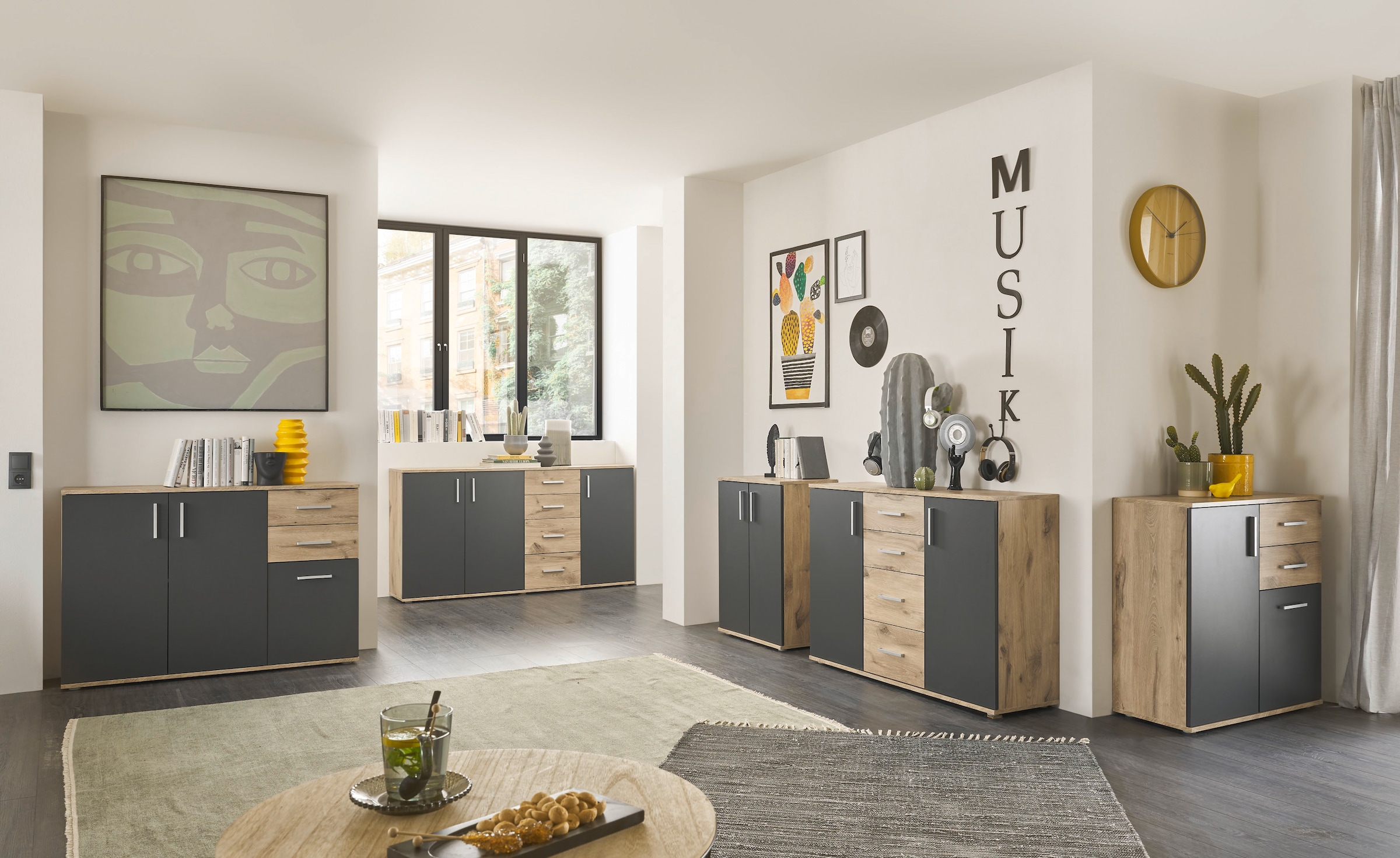 HBZ Kommode »BC-Drift-2, Sideboard Stellmaß BxHxT 120x84x35 cm« 1 Stk. tlg. Kommode mit 3 Türen, 2 Schubkästen und 1 Einlegeboden