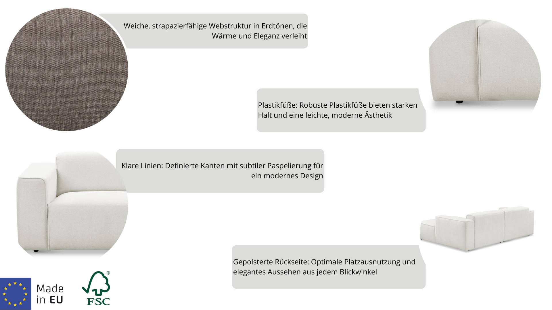 andas Ecksofa »Noord«, mit Kedernaht, in einem Soft-Touch Bezug