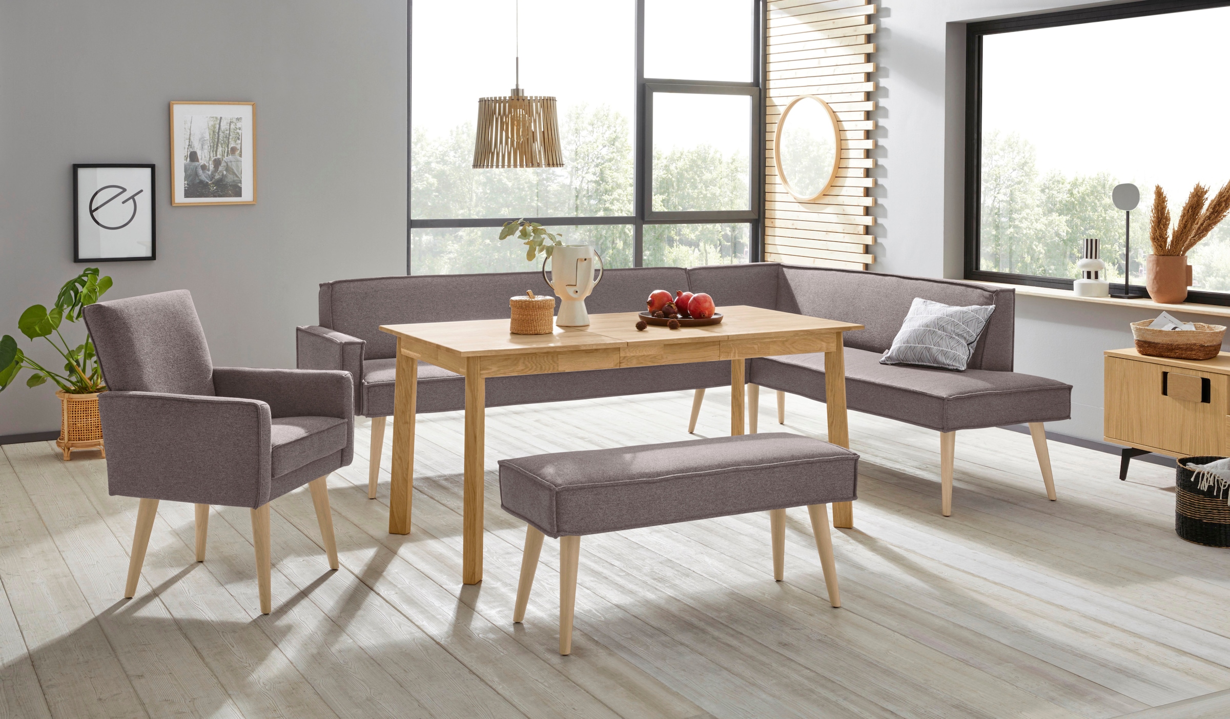 exxpo - sofa fashion Eckbank »Lungo, moderne Kedernaht, bequem und elegant, hoher Holzfuß«, hochwertige Detailverarbeitung, frei im Raum stellbar