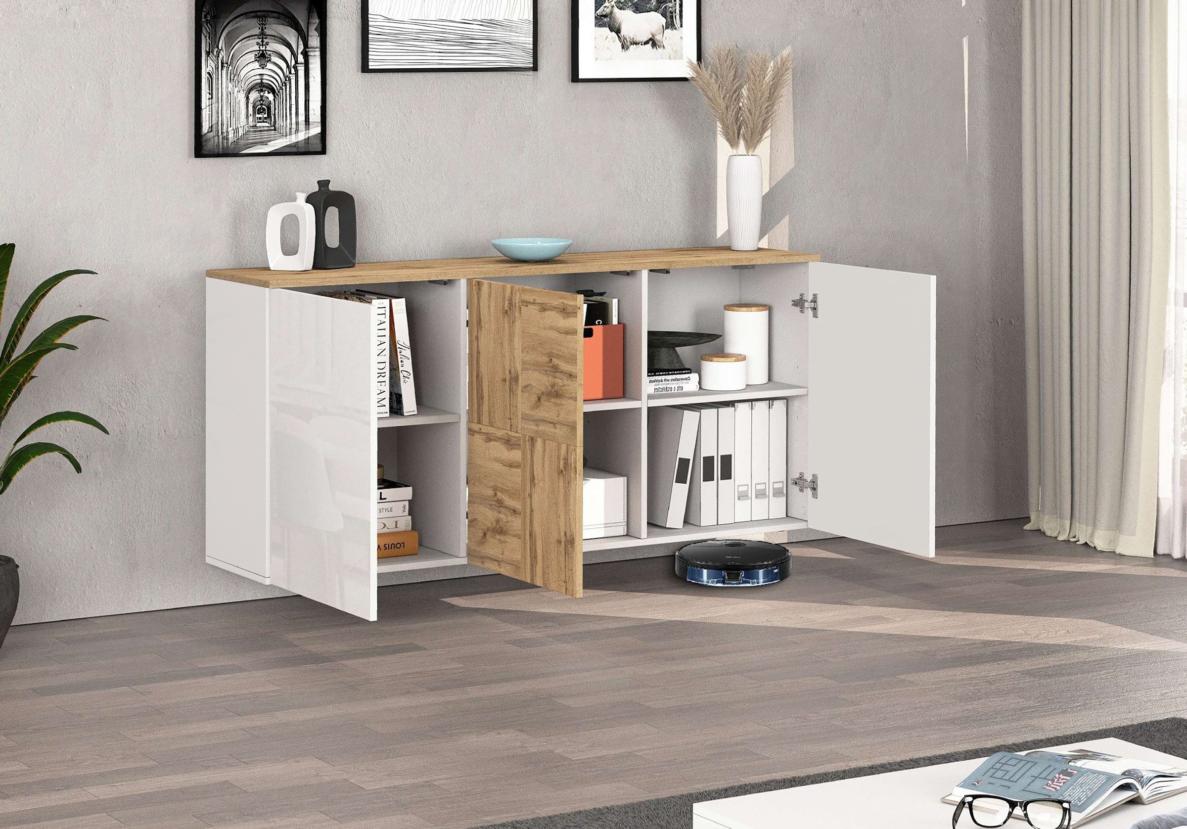 OTTO home Sideboard »ISEO, Kommode, Schrank, Sideboard, Lowboard, 6 Fächer, Breite 150 cm« 1 Stk. tlg. stehend/hängend, 3 Türen Hochglanz lackiert, Made in Italy