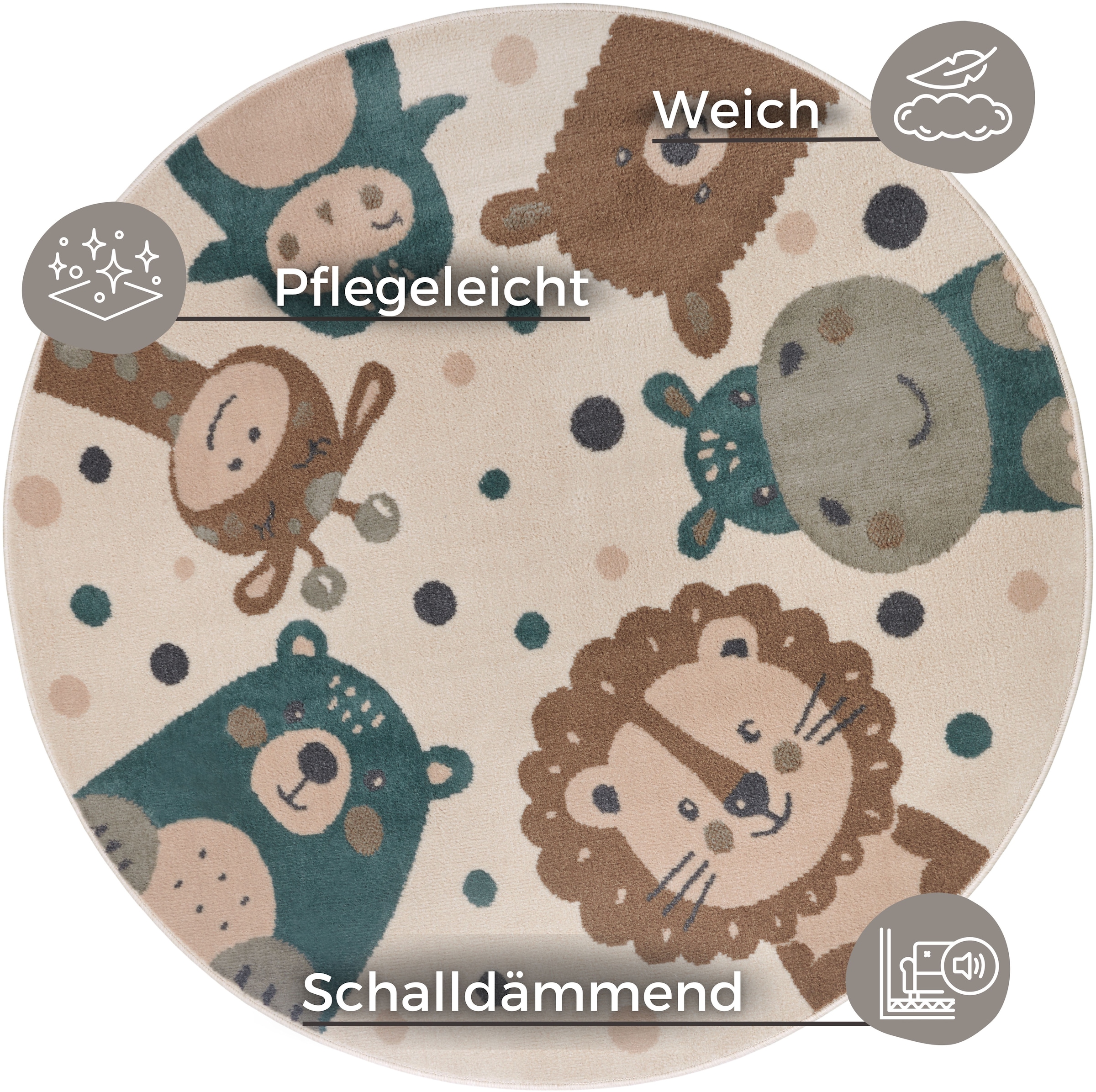 HANSE Home Kinderteppich »Adventures Animal Party«, rund, Spielteppich, weich, Kinderzimmer, Kurzflor, Spielunterlage, Teppich